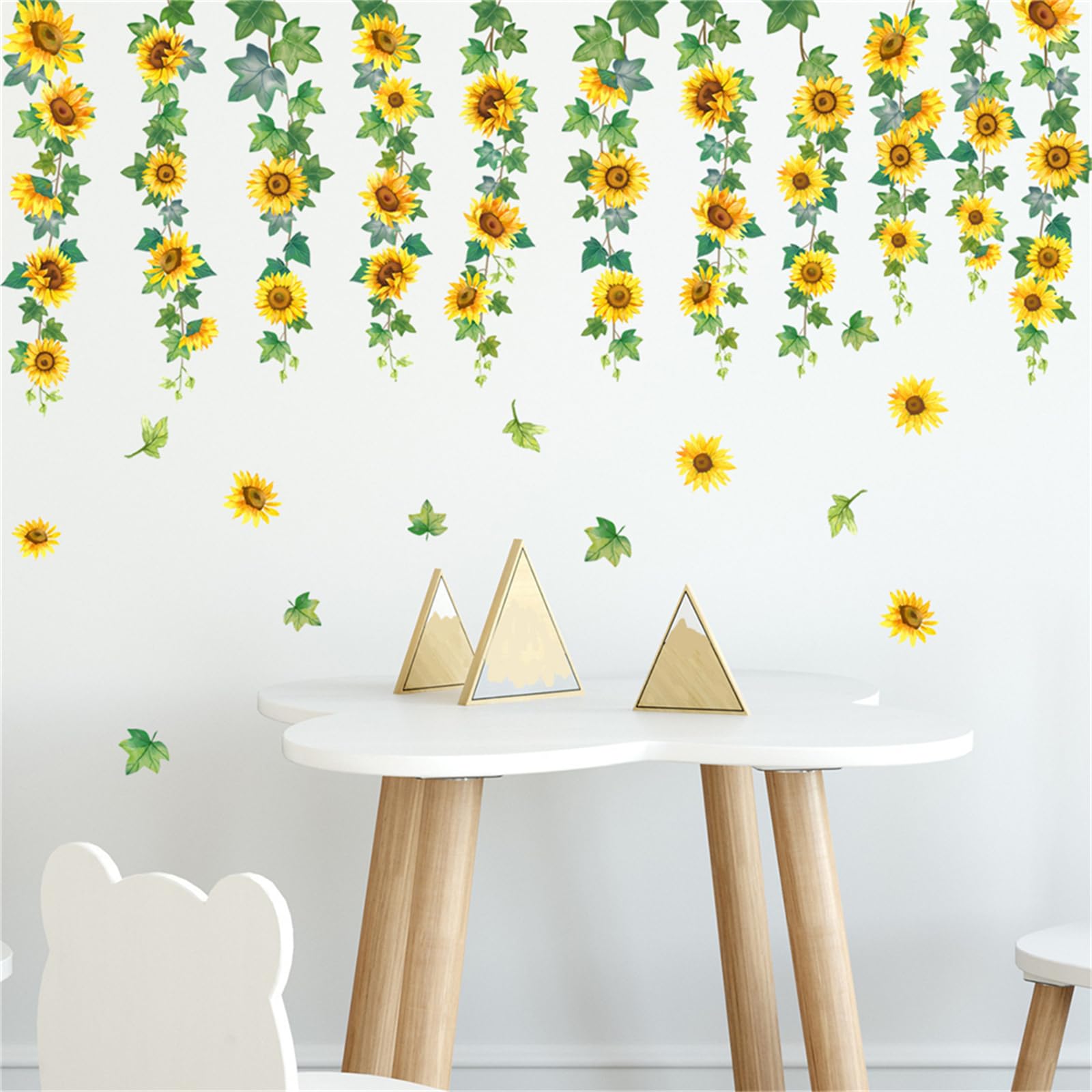 Adhesivo de pared con diseño de girasol, hojas verdes, plantas, girasoles, para colgar en la pared, extraíble, papel pintado de flores amarillas, decoración de vinilo para despegar y pegar