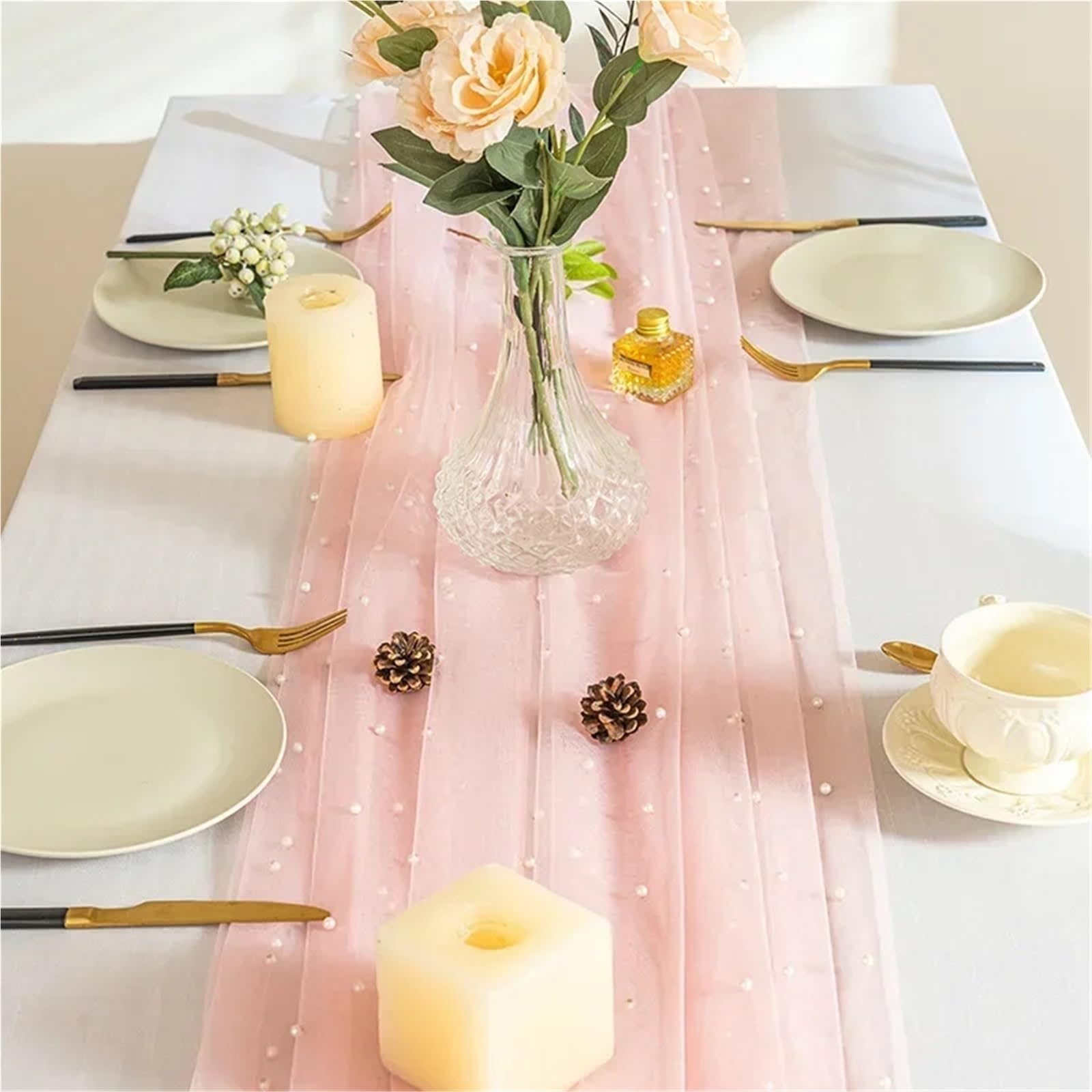 Chemin de Table à Fleurs, Lot de 2 nappes en Gaze Voile Rose Plusieurs Tailles(40X300CM)