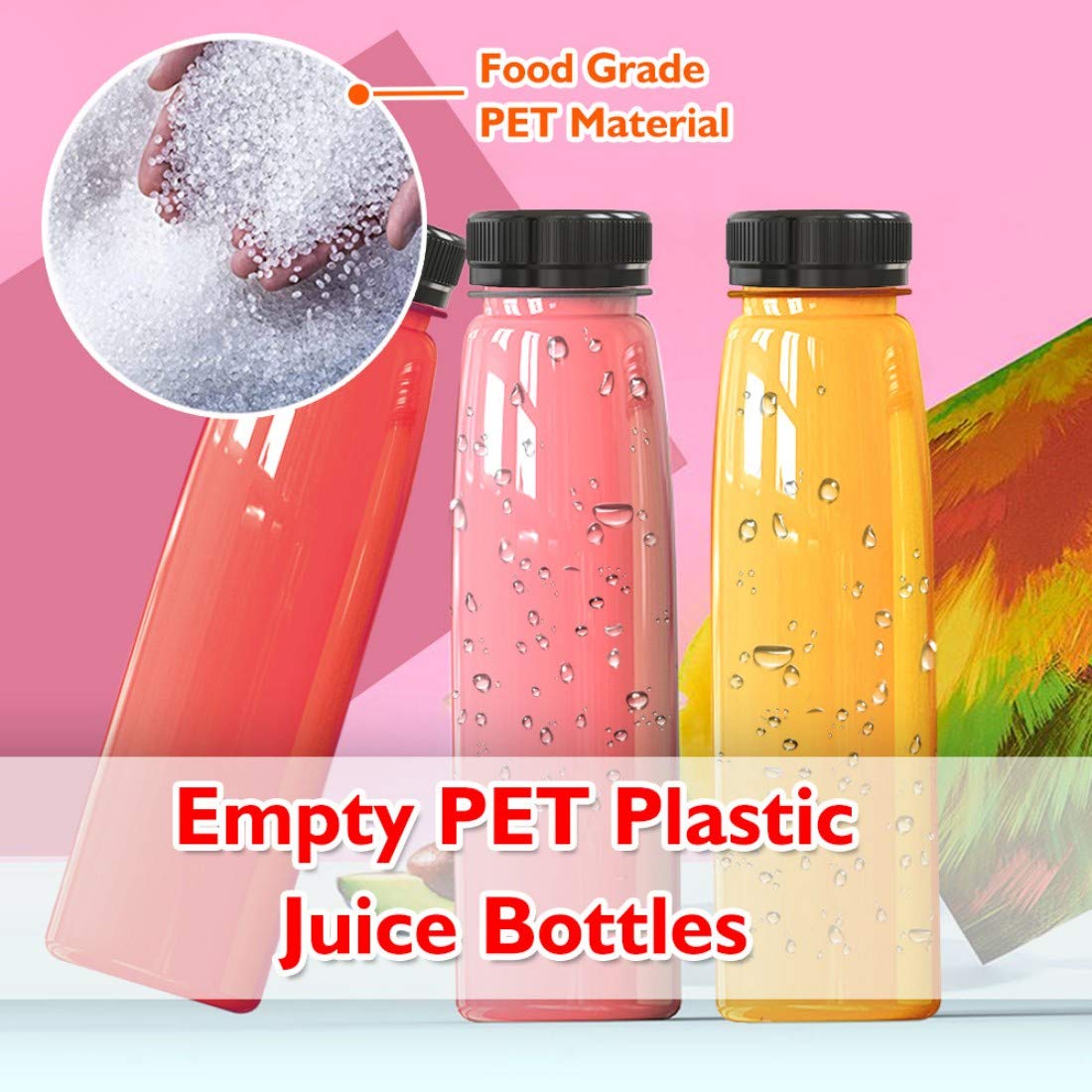 Holotap 30 Pack Empty PET Plastic Juice Bottles 14 OZ Clear Disposable Bulk Drink Bottles with Black Tamper Evident Caps Lids (14 OZ, Black)