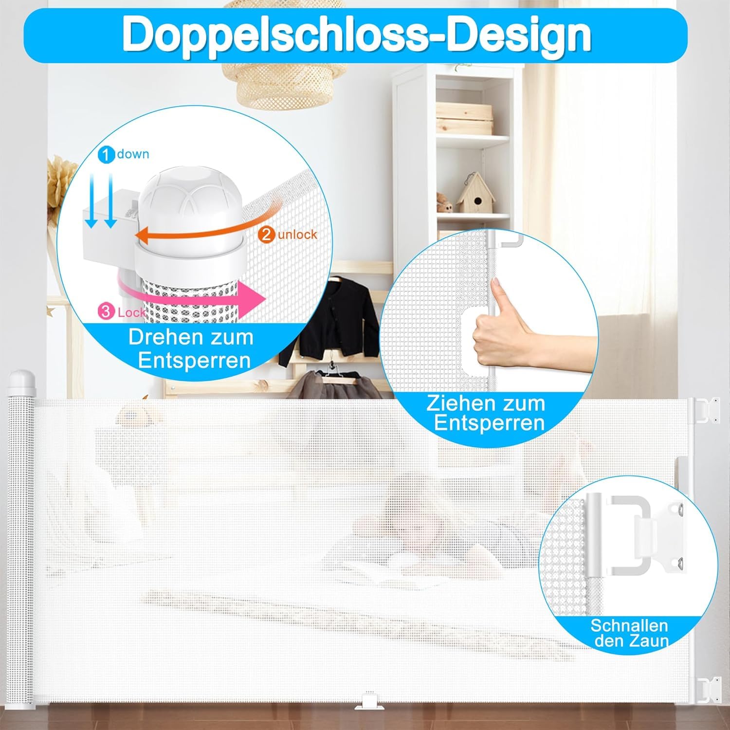 Aufun Barrière de protection d'escalier, extensible, de 0 à 300 cm, pour porte de bébé, pour chats et chiens, cloison de sécurité, pour l'intérieur et l'extérieur, blanche