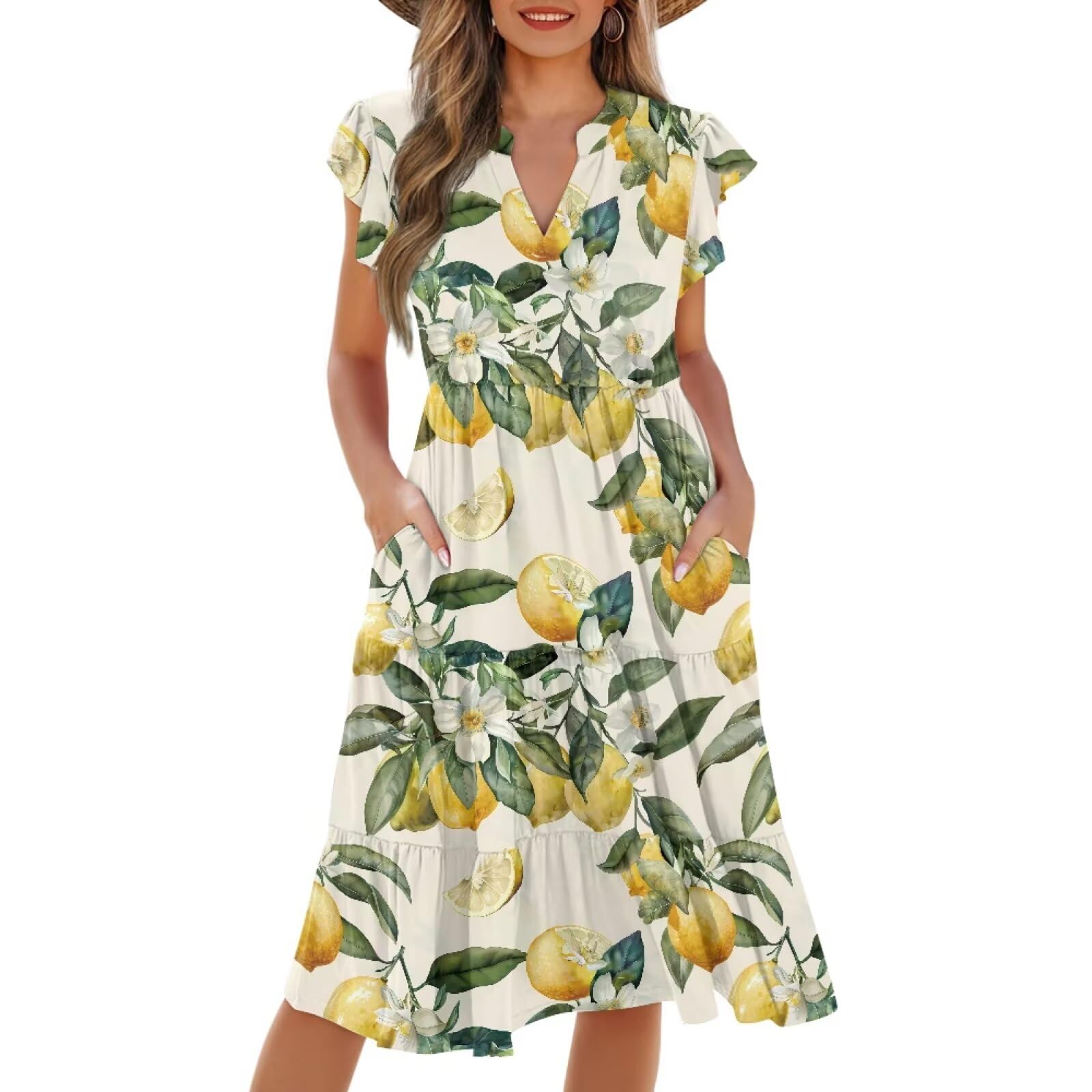Womens Summer Dress Ruffle Sleeve V Neck Dress Casual Fit Flowy Beach Vacation Sundress with Pocket S-2XL