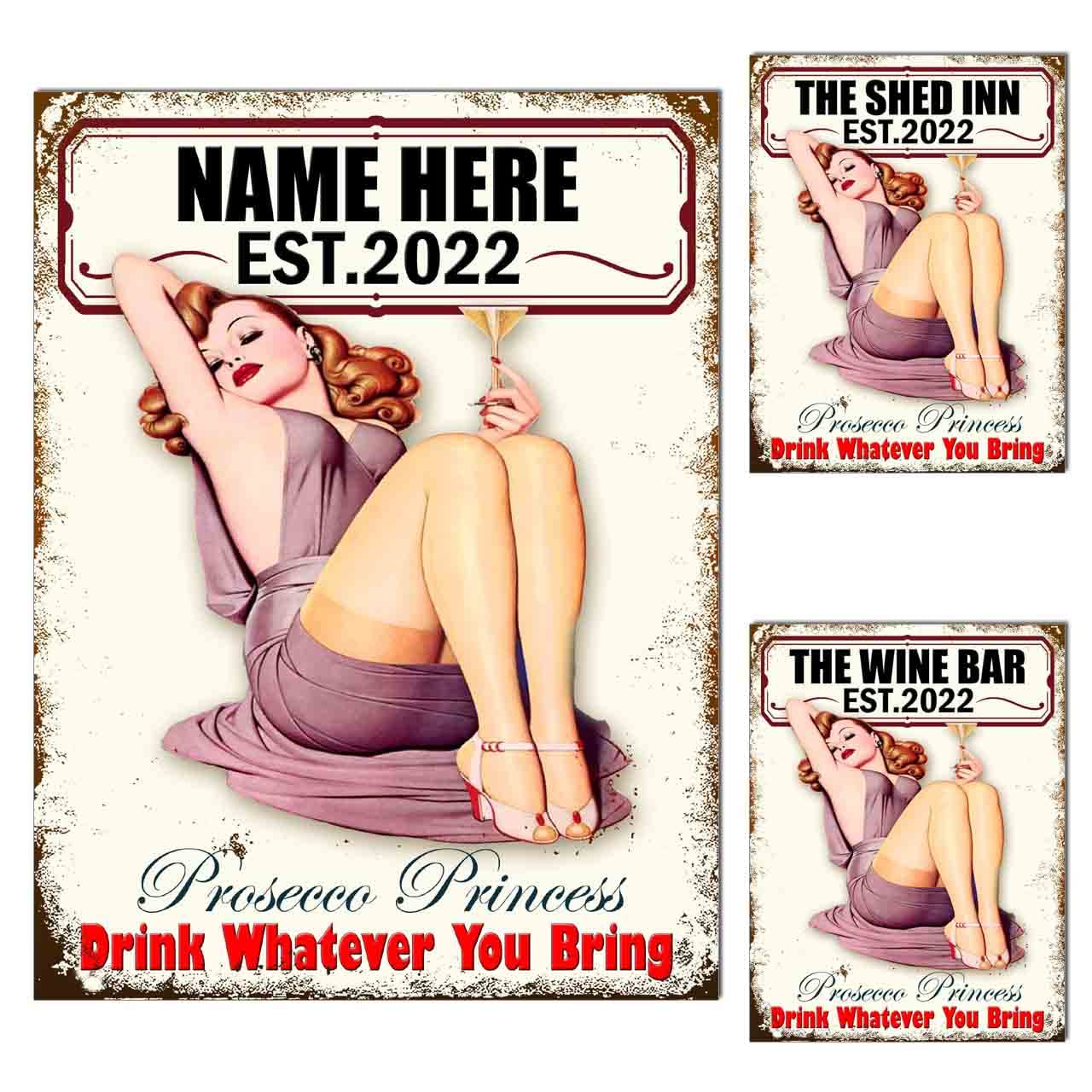 Personalised Home Bar Metal Tin Sign Prosecco Princess, 10x8in 0228per