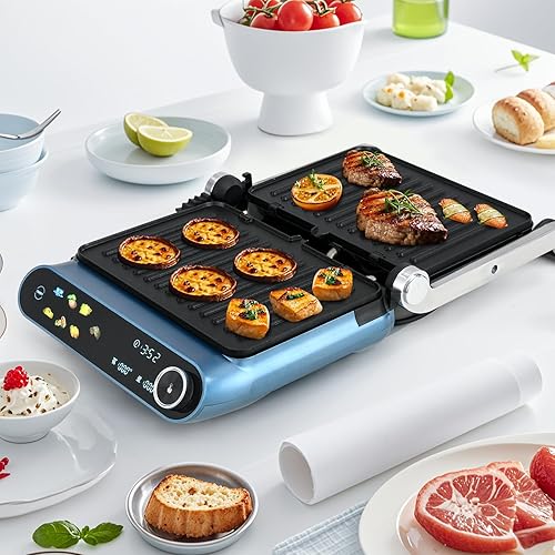 Miniatura 2 de Happygrill Parrilla eléctrica Panini Press 3 en 1 para interiores, parrilla plana abierta de 1200 W con 2 platos antiadherentes extraíbles aptos