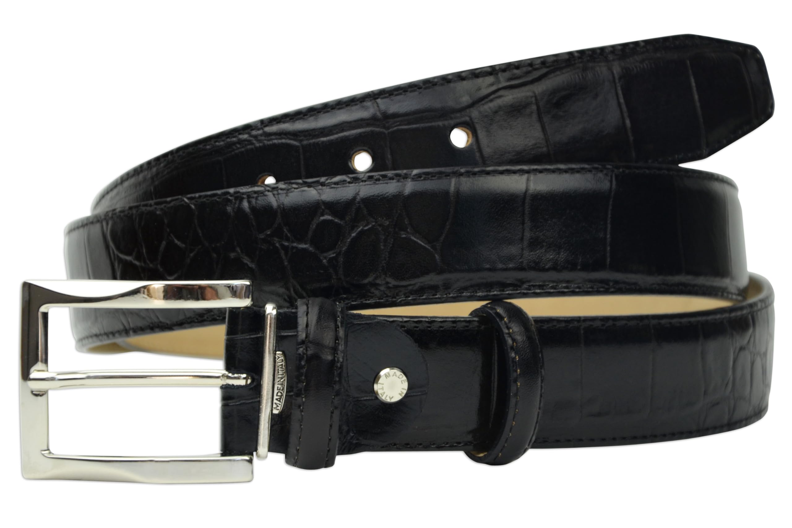 PASQUALE CUTARELLI Men's Crocodile Pattern Italian Leather Belt, 3.5cm Wide, Black Medium, 36-Inch