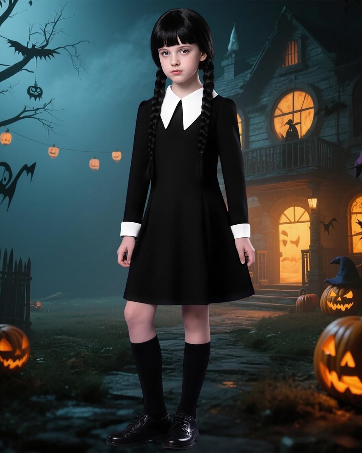 Girls Halloween Costume Kids Black Dress with Wig Necklace Socks Hairpin