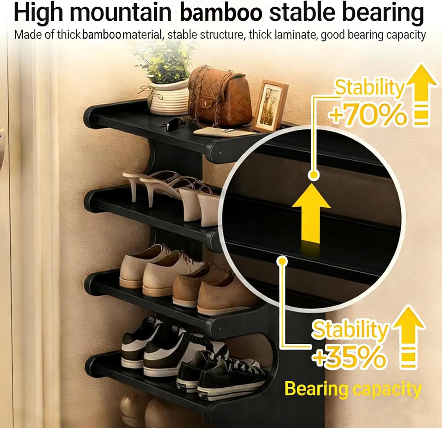 39" Bamboo Shoe Rack - Vertical Shoe Organizer Rack for Small Space, Narrow Shoe Tower for Closet, Entryway, Corner, Tall Shoe Shelf with Removable Shelves, Flexible Storage Shelf for Saving Space