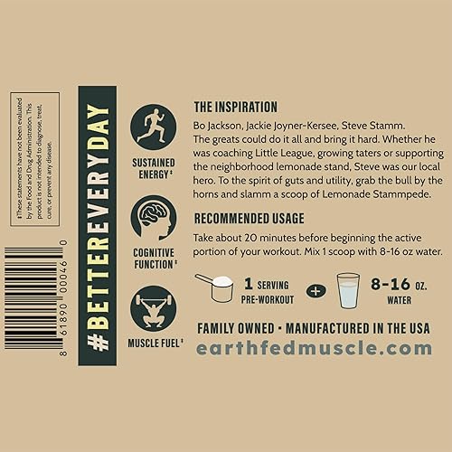 Miniatura 7 de Earth Fed Muscle Stammpede Lemonade Pre Workout - Aumenta la energía - Beta Alanina 250 mg de cafeína malato de citrulina taurina tirosina - Sin