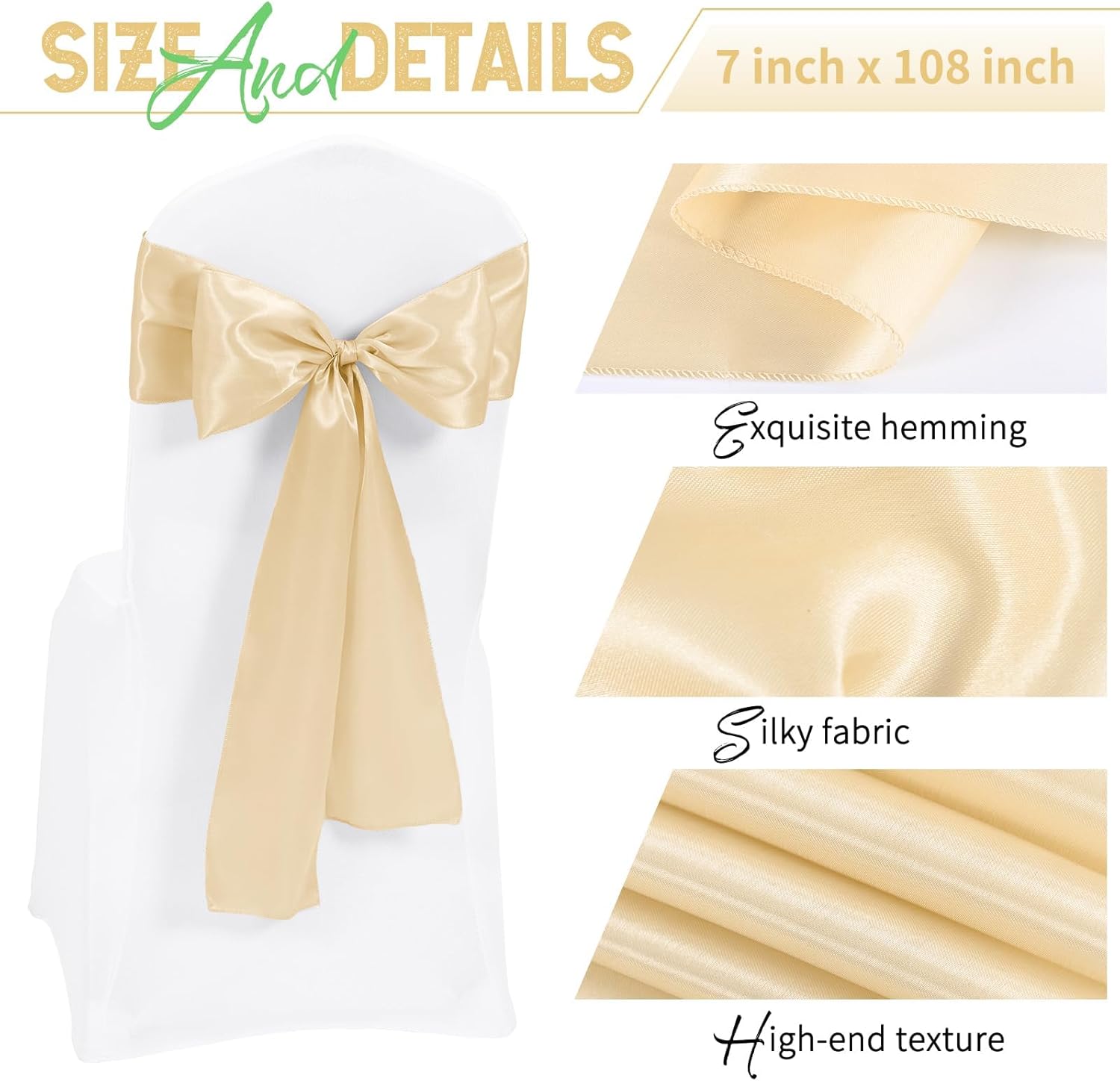 60 PCS Champagne Satin Chair Sashes, Ties Bows Designed Chairs Decorative, Chair Cover Sashes for Thanksgiving Wedding Christmas Banquet Party Home Kitchen Decoration (7 x 108 inch)