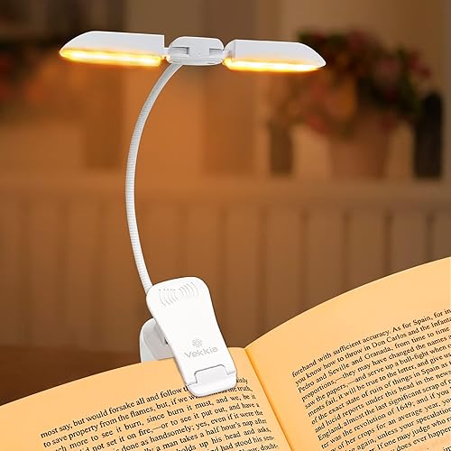 Vekkia Luz de libro recargable de 14 LED para leer en la cama, luz de lectura cálidaámbar con abrazadera, luz de clip ajustable de 180, luz ligera