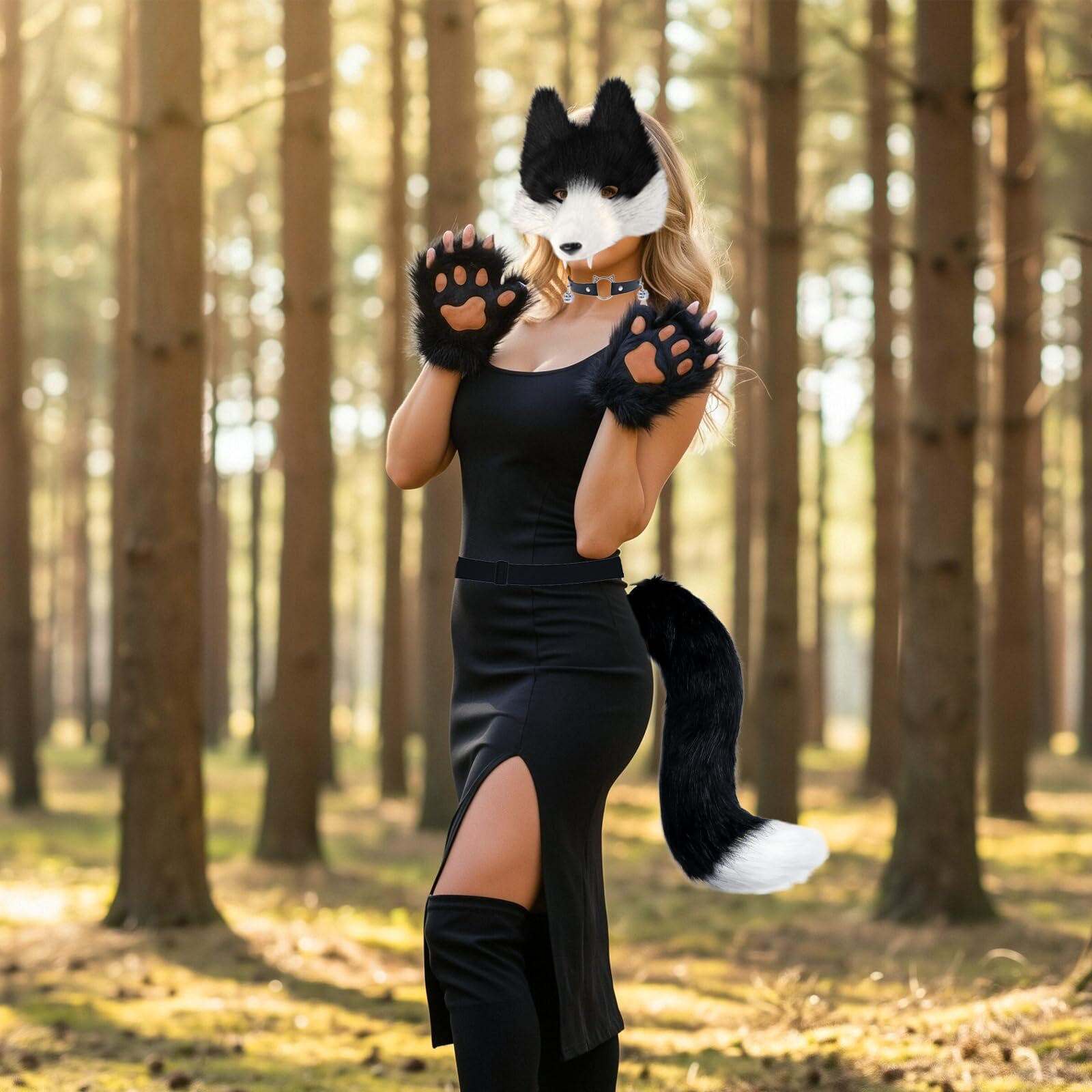 YAEGIMHT Faux Wolf Costume Cosplay Set for Adult Halloween Fancy Dress Include 3D Wolf Mask with Detachable Teeth - Image 3