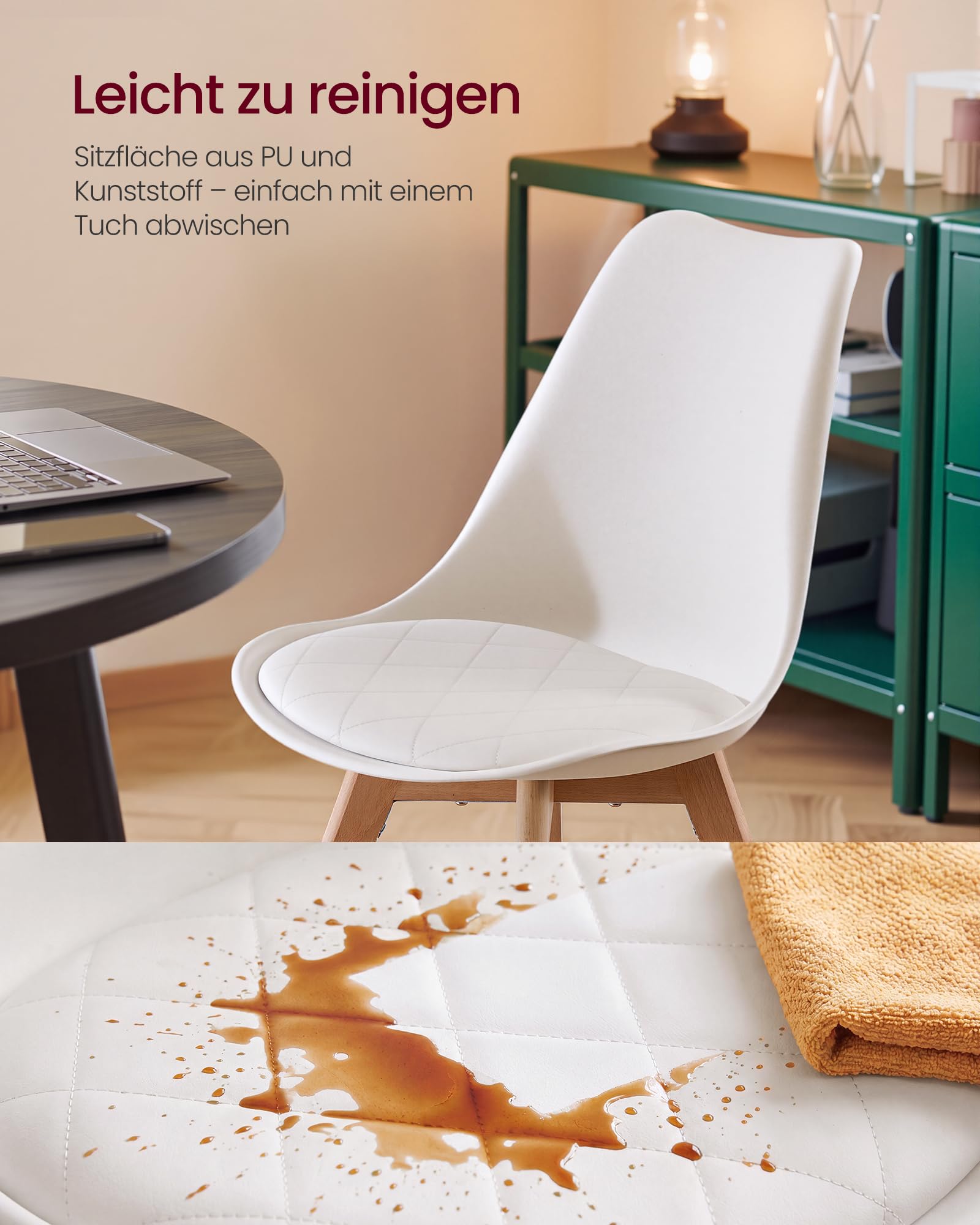 VASAGLE Esszimmerstühle aus PU-Leder und Buchenholz, Gepolsterte Küchenstühle, 2er Set, 46,5 x 57 x 79 cm, Hellwarmweiß, für Esszimmer und Büro, Lenna Kollektion KDC988WD01