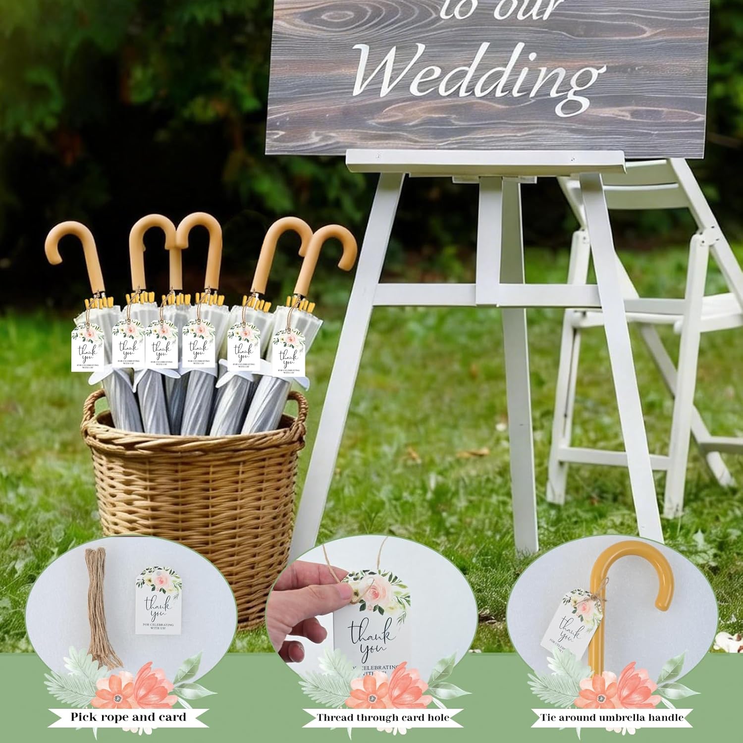 52 & 32 Pack Clear Wedding Umbrellas, Windproof Bulk Umbrellas with Thank You Tags, Large POE Dome, Auto Open-Close, Guest Favors for Weddings, Parties, Photography, Outdoor Events (Wood-Look, White)