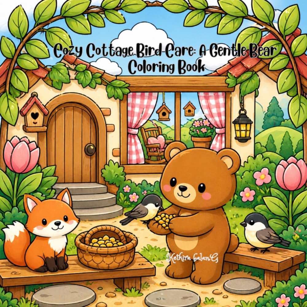 Cozy Cottage Bird Care: A Gentle Bear Coloring Book: Warm Woodland Moments of Feathered Friends, Soft Interiors & Peaceful Outdoor Charm
