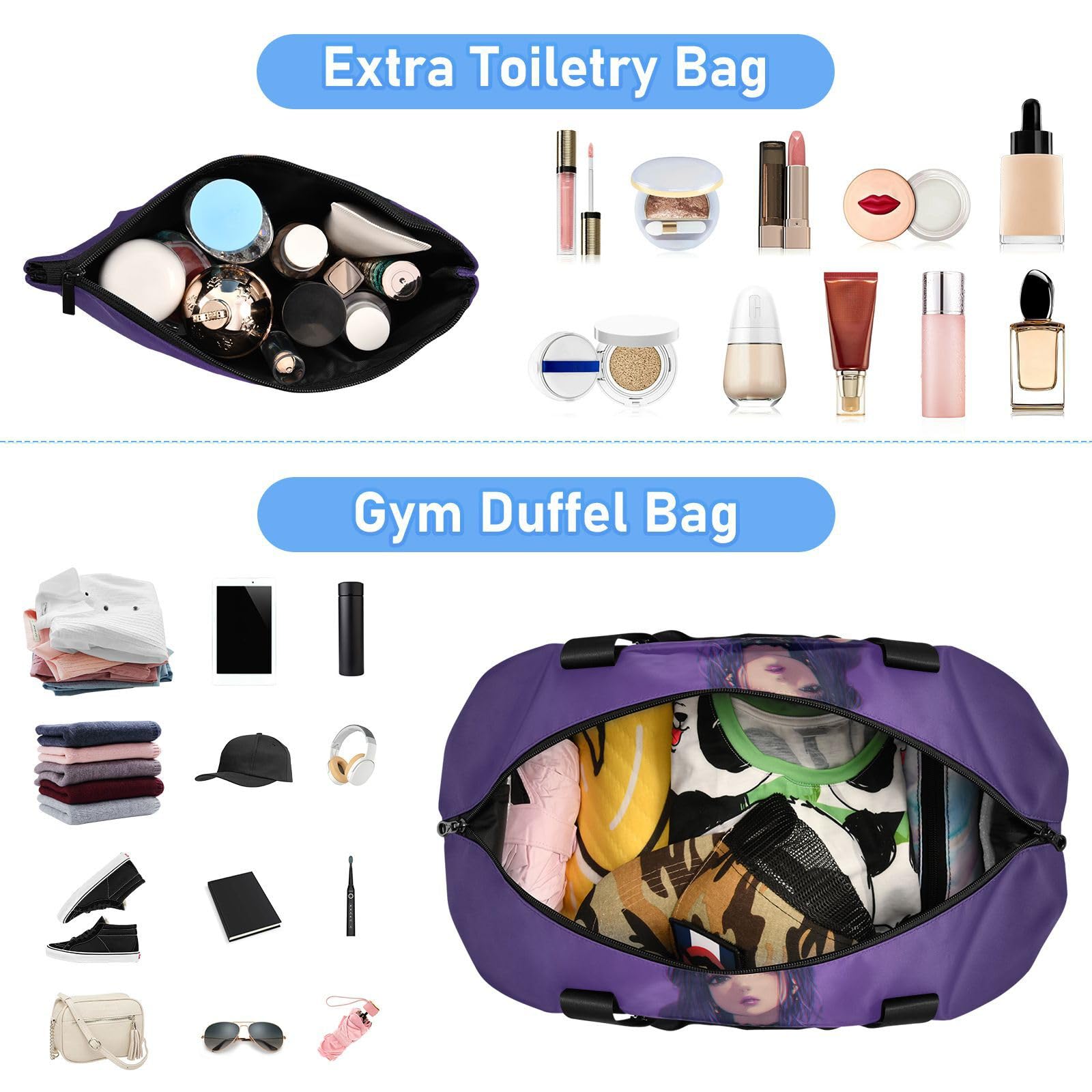 Cool Purple Punk Anime Girl Carry On Tote Bag with Wet Pocket Adjustable Strap Gym Tote Bag for Workout Wielofunkcyjna dla mężczyzn kobiet