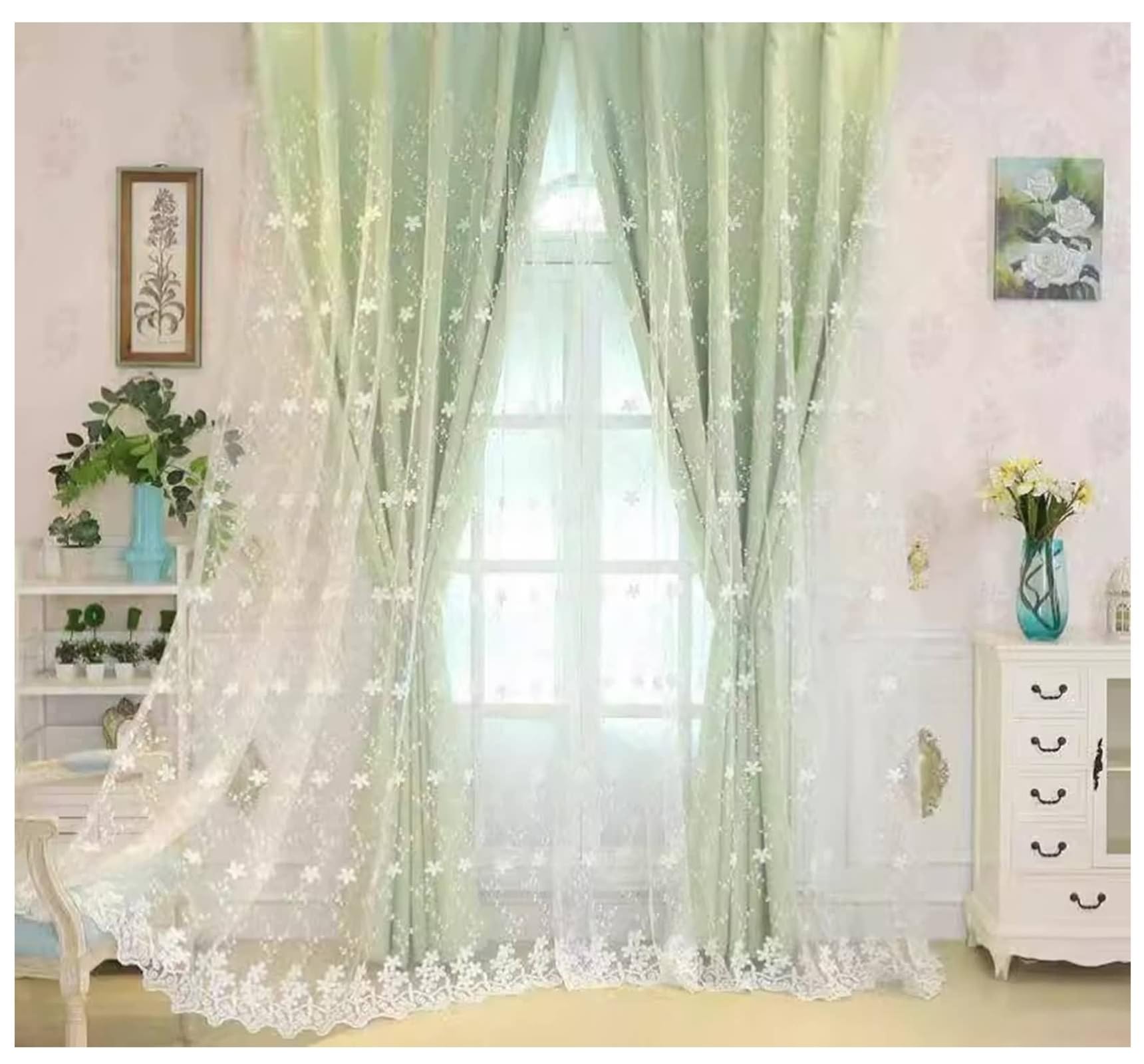 Tende Corte per Finestre Piccole 107x132, Tenda Oscuranti Salotto Moderna Doppia Poliestere Effetto Lino Verde con Voile Di Pizzo A Fiori, con Gancetti, 2 Pezzi