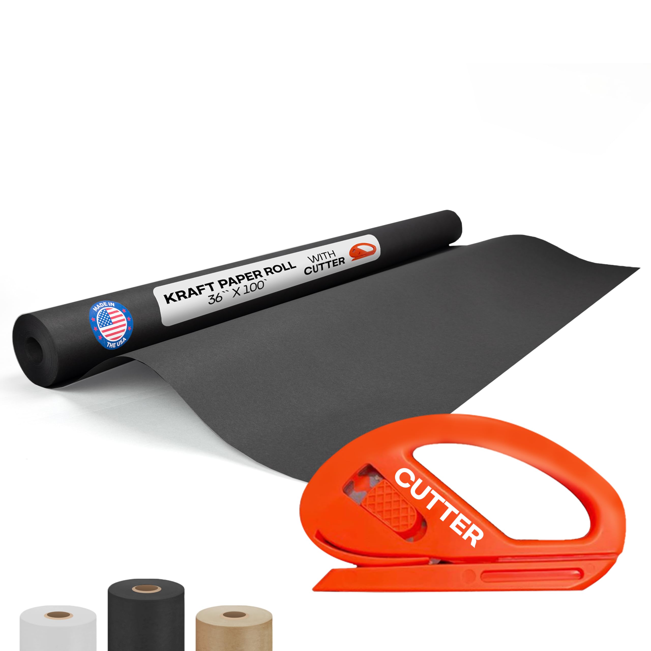 Black Kraft Paper Roll 36" x 1200" (100 feet) with Cutter - USA-Made Quality Paper 50lb Thickness for Wrapping, Packing, Moving, Shipping, & Crafts/