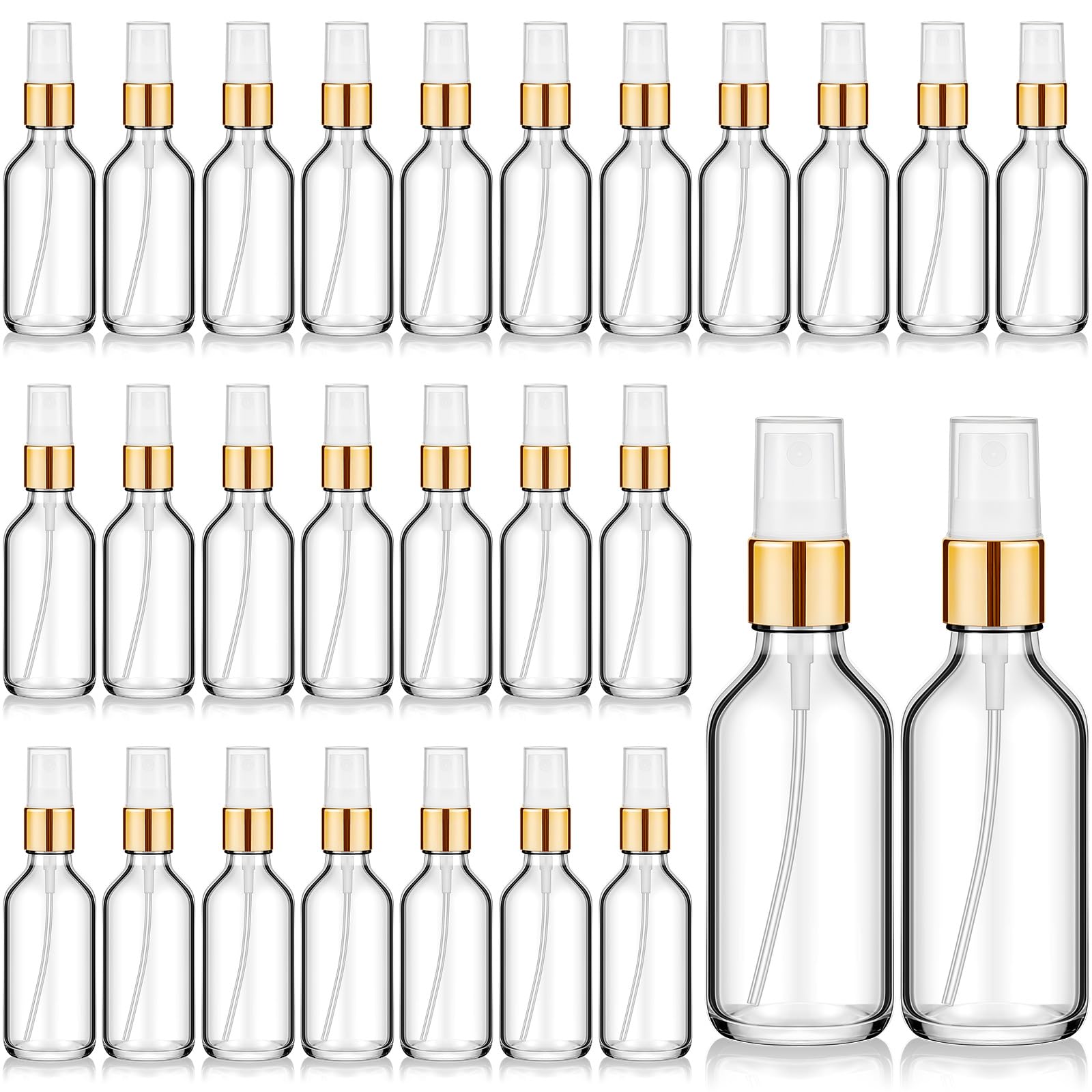 Roshtia 30 botellas de vidrio transparentes vacías, pequeñas botellas de perfume de vidrio reutilizables recargables con bomba pulverizadora de niebla fina para aerosoles faciales y corporales de