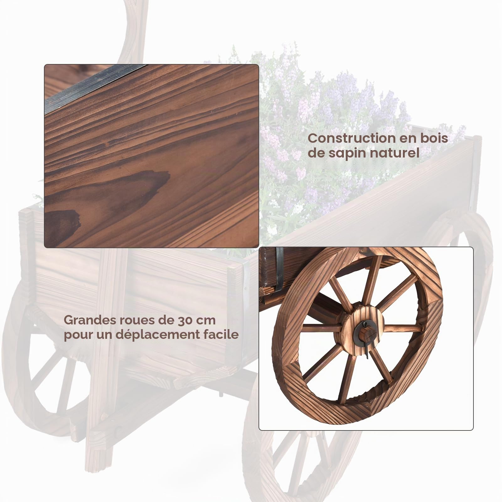 HOMASIS Brouette à Fleur en Bois avec Poignée Réglable et 4 Roues, Chariot à Fleurs avec Trous de Drainage, Jardinière Décorative de Plantes pour Jardin, Balcon, Terrasse, 75x43x53,5cm, Marron