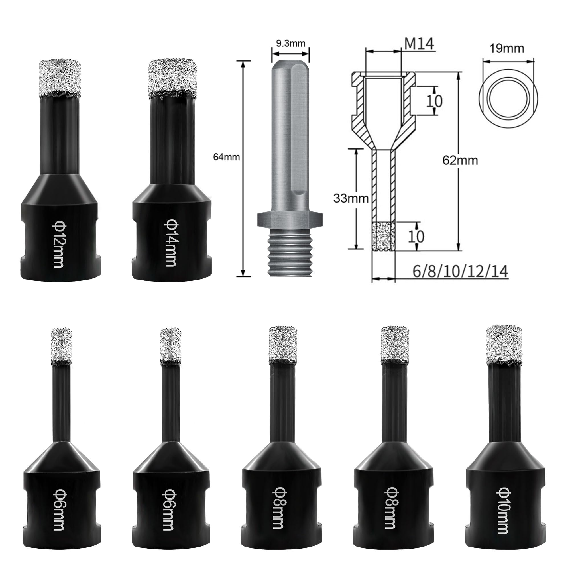 ASNOMY 8tlg M14 Diamant Fliesenbohrer Set 6|6|8|8|10|12|14 mm M14 Diamant Lochsäge Bohrkrone zum Bohren von Fliesen mit Adapter, Diamantbohrer Set für Porzellan Fliese Granit Marmor Glas