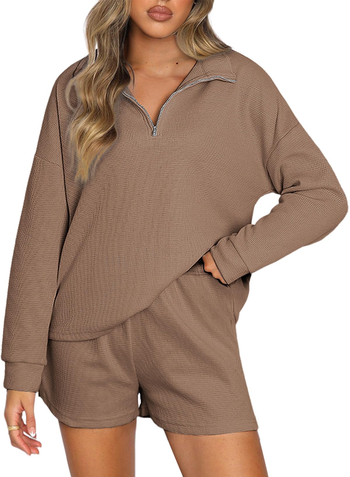 Photo 1 of Aleumdr Women's 2 Piece Outfits Zipper Waffle Knit Lounge Sets 2024 Fashion Long Sleeve Shorts Matching Sets with Pockets Medium Khaki