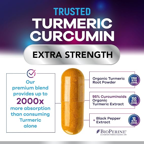 Turmeric Curcumin Supplement - 95% Curcuminoids with Organic Turmeric & Ginger, BioPerine Black Pepper Extract for Best Absorption, Natural Vegan Joint Support, Non-GMO, Bottled in USA - 120 Capsules