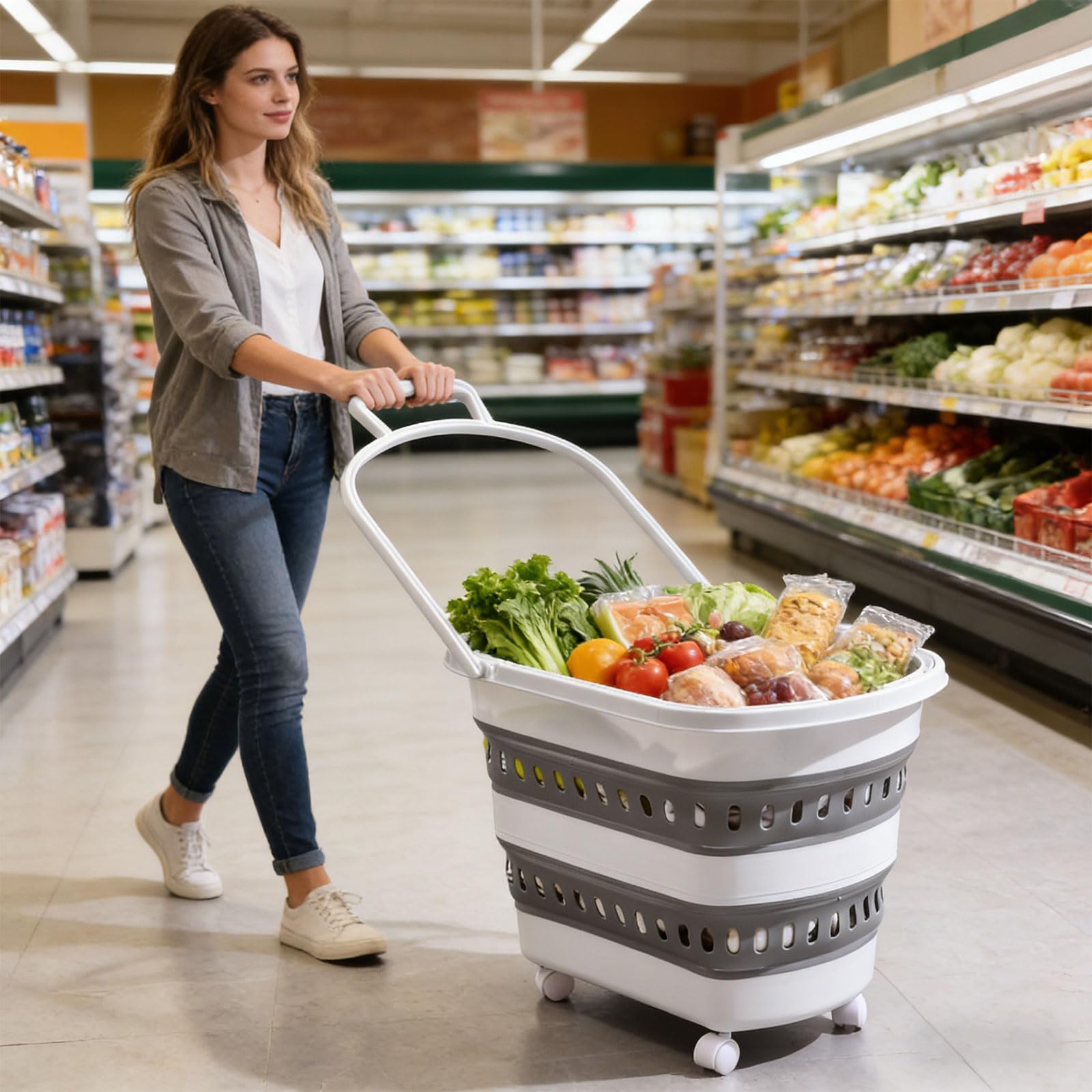 Cesto per la spesa portatile con maniglia a U e grande capacità per il trasporto di generi alimentari, adatto ai viaggi