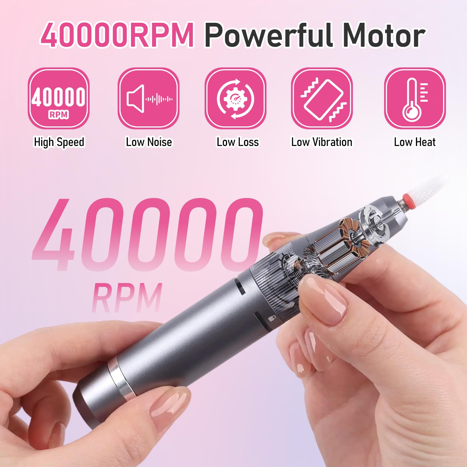 ANGNAY Nail Drill 40000RPM,Rechargeable Electric Nail File,Professional Nail Drill Machine for Acrylic and Gel Nails with Nail Bits Kit Manicure Pedicure Set - Image 2