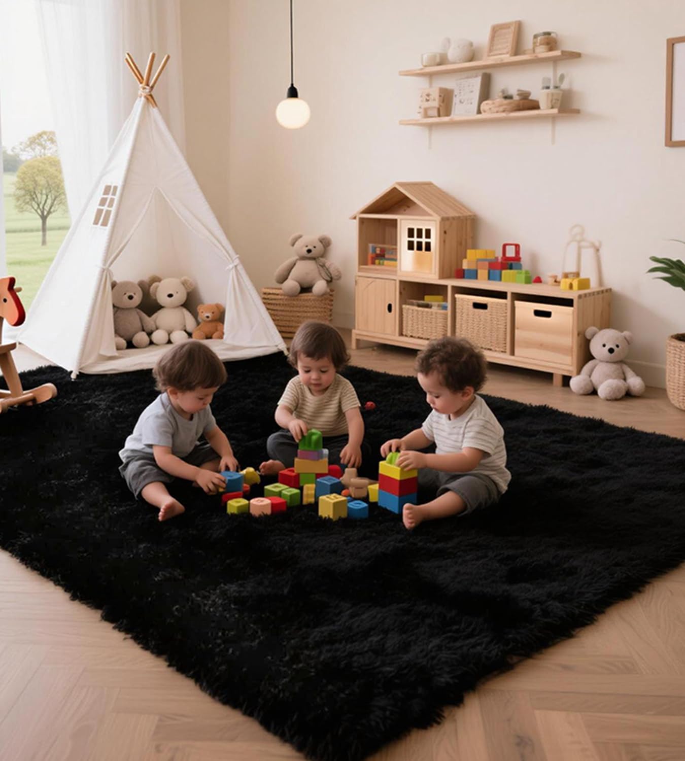 MARATIP Teppich Kinderzimmer 80x150 cm Schwarz Wohnzimmerteppich Schlafzimmer Anti-Rutsch Waschbarer Badteppich Hochflorteppich