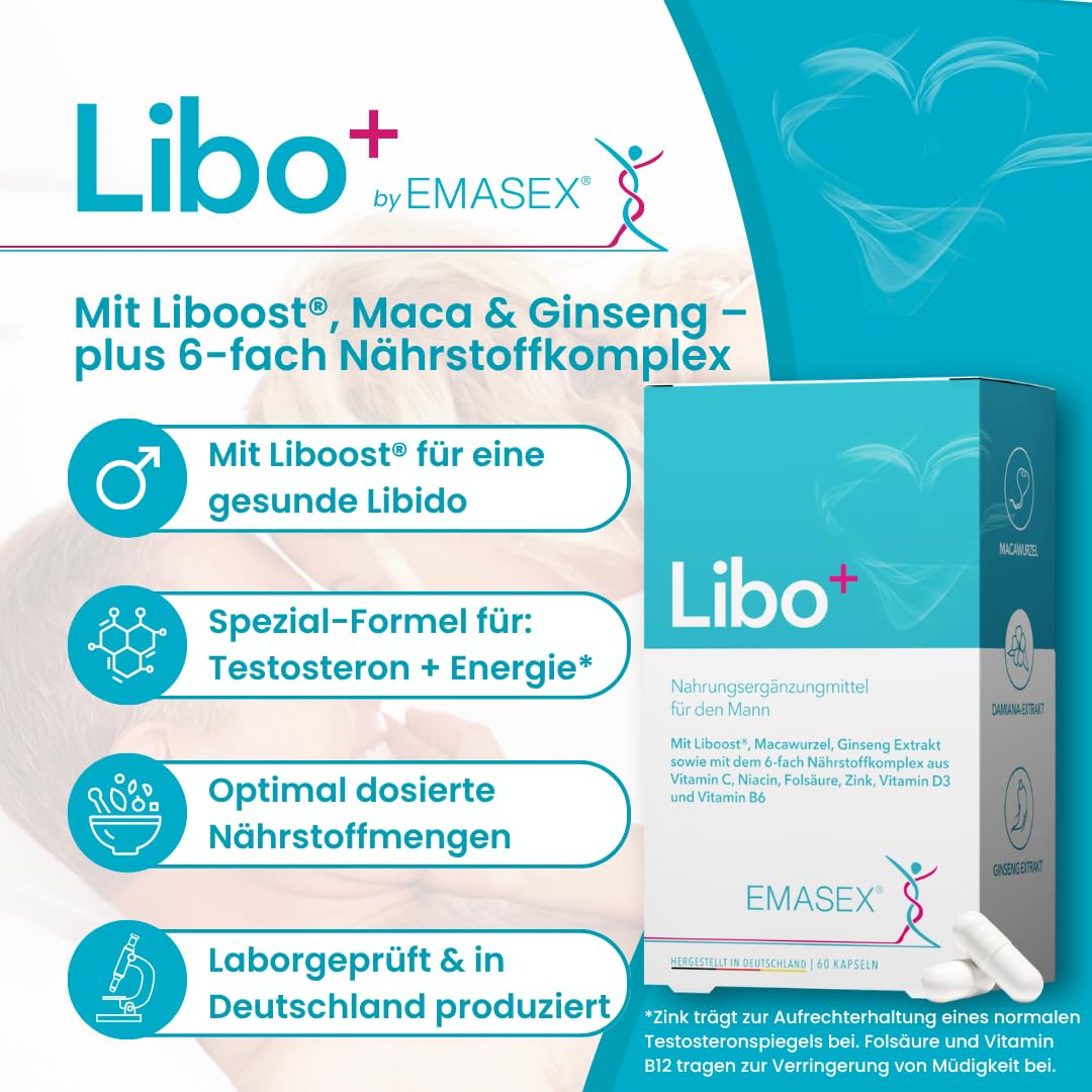 EMASEX Libo+ – hochdosiertes Männermittel zur Unterstützung von Testosteron, Energie & Leistungsfähigkeit mit Liboost, Maca, Ginseng sowie Zink, Vitamin C, B6, D3, Niacin & Folsäure
