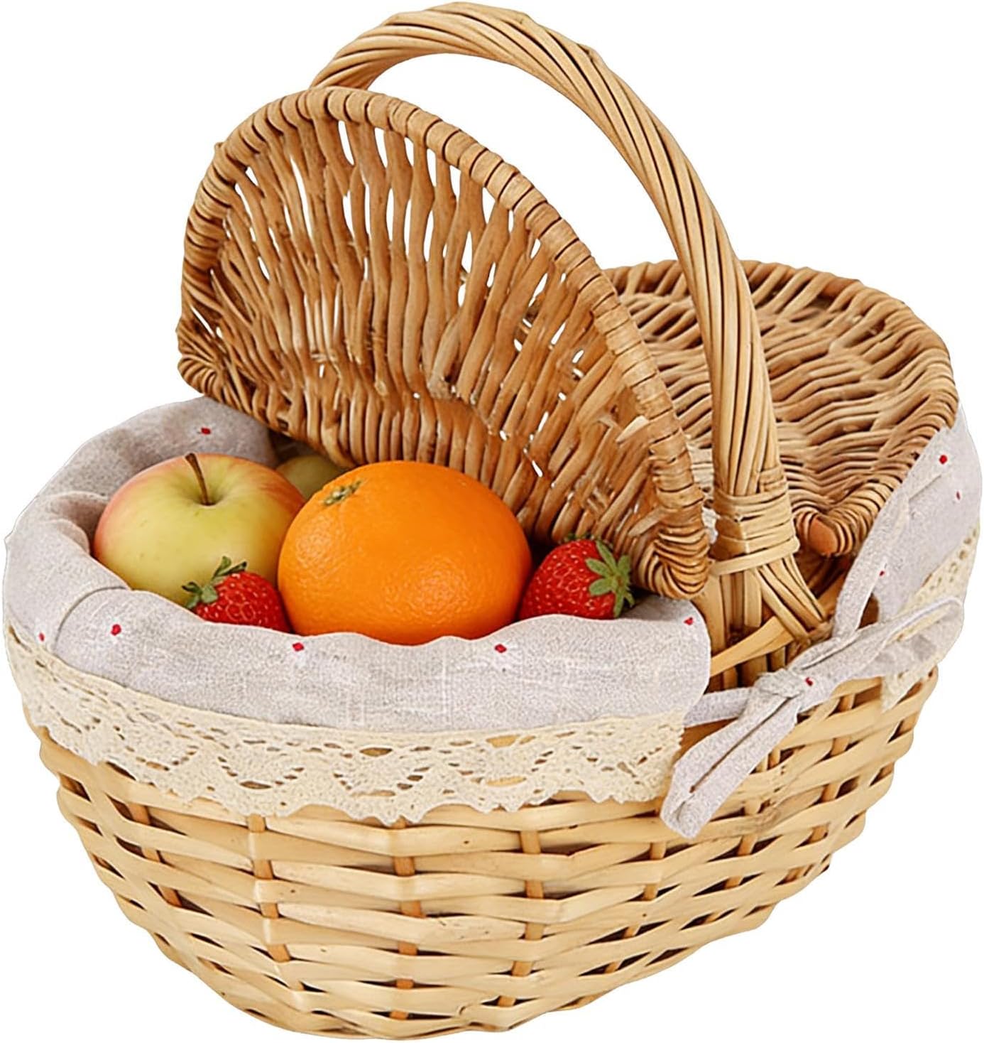 Wicker Picnic Basket,Rustic Multi-Purpose Lidded,Faux Wicker Organizing Basket - for Dining Room Kitchen Hiking Travel Camping Breads Drinks Snacks Fruits