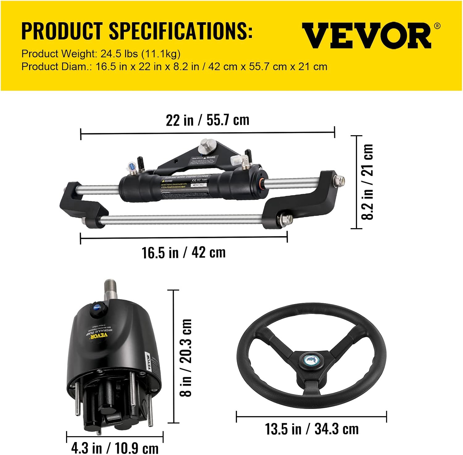 VEVOR Hydraulic Outboard Steering Kit, 90/150/300HP Helm Pump Marine Boat Hydraulic Steering System, 13.5 inch Steering Wheel with 10–26 ft Hydraulic Nylon Hose Option