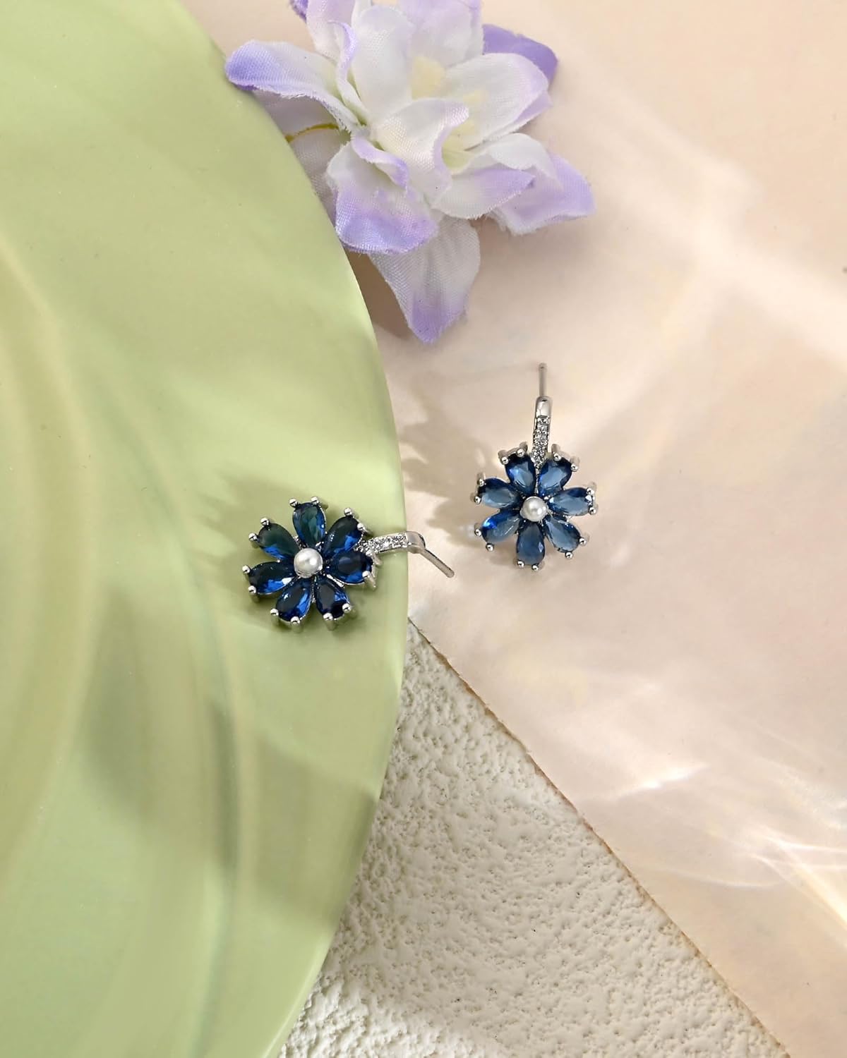 Vintage Silver Flower Birthstone Earrings - Hypoallergenic Dangle Drop Floral Earrings with Pearl, Trendy Birthstone Crystal Jewelry Gift for Women - Image 7