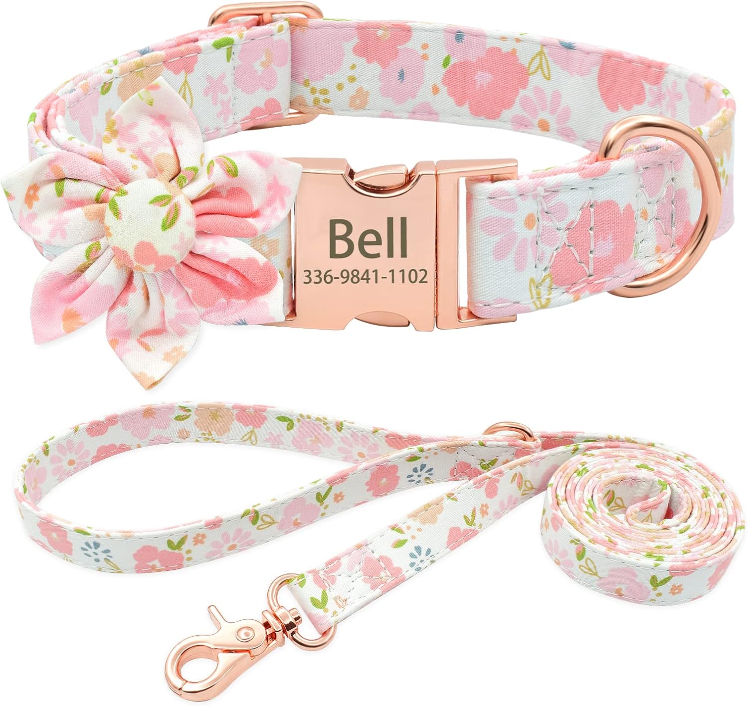 Personalized Cute Flower Girl Dog Collar with Leash, Custom Floral Dog Collar with Name, Engraved Gold Buckle Collar for Female Dogs, Small, Medium, Large Dogs