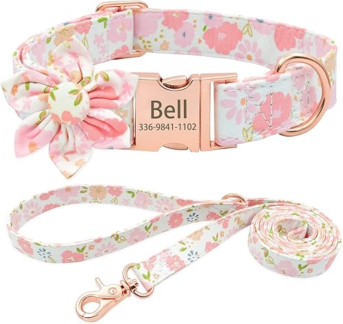 Collar de perro personalizado con correa, collar de perro floral personalizado con nombre, collar de hebilla dorada grabado para perras pequeñas,