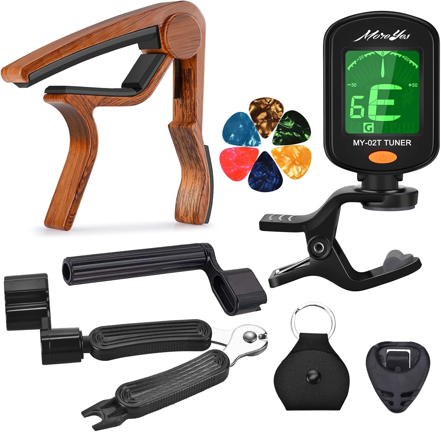 MOREYES Tuner Clip on Chromatic, Guitar, Bass, Violin, Ukulele Include Guitar Capo and Picks and Holder (Tuner Wood Color Capo)