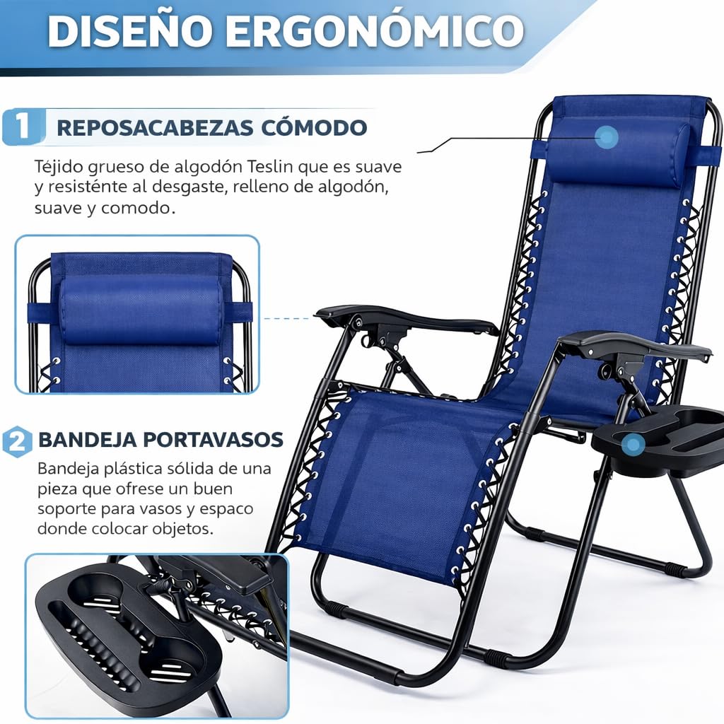 Pack 2 Tumbonas o Sillas de Exterior Plegables para jardín | Playa | Piscina o Terraza | Hamacas Reclinables Camping con Portavasos y Reposacabezas | Hasta 150kg | Silla plegable playa o Tumbona — view 5
