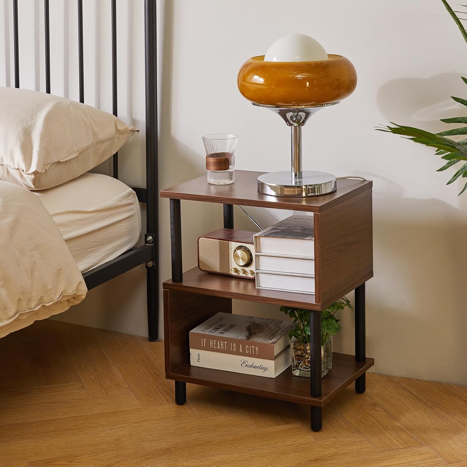 Minimalist Nightstand Light - Walnut Small Bedside Table with Open Storage, Small End Table for Bedroom, Light Walnut YD-TM152LW