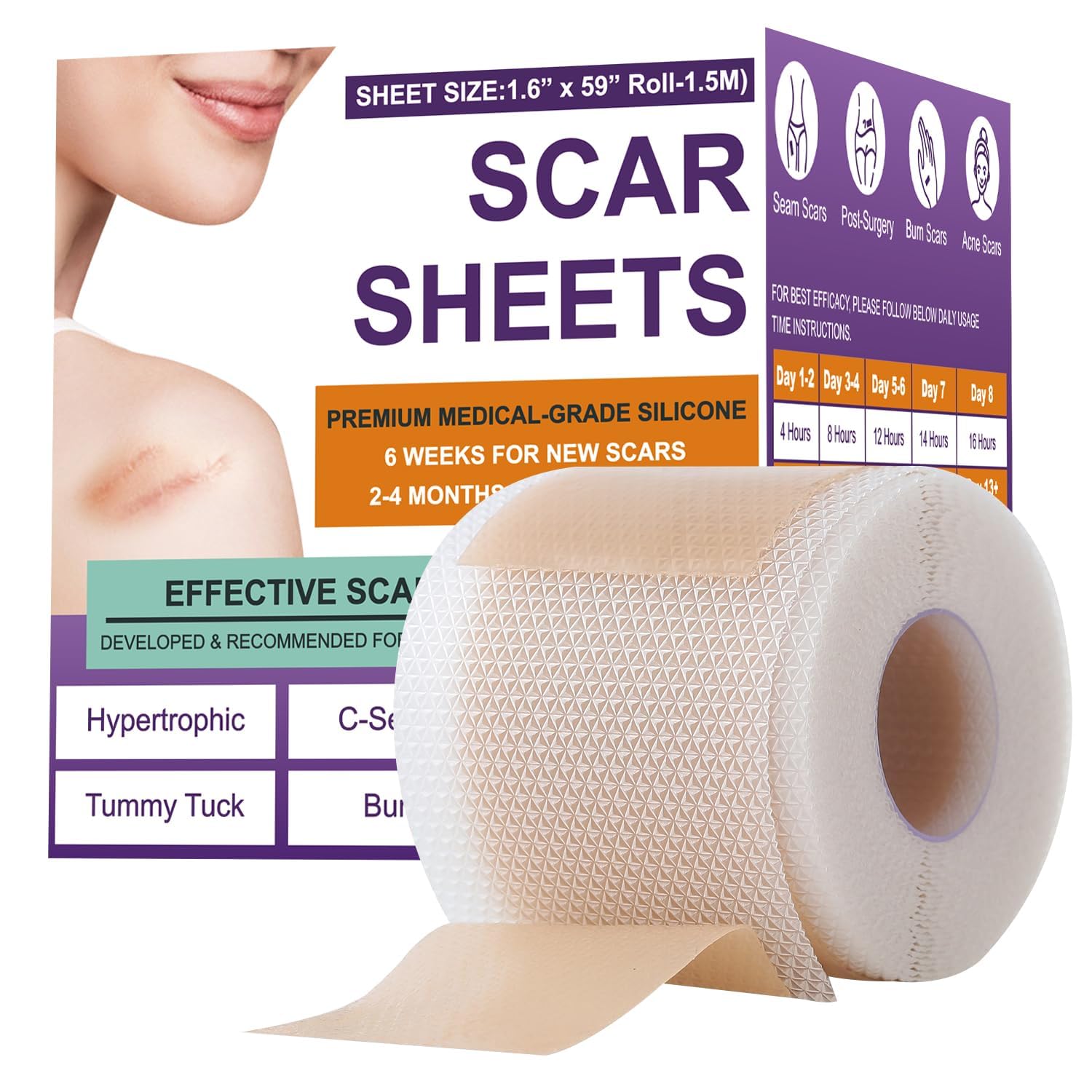 Psecici Silicone Scar Tape for Surgical Scars,Extra Long Scar Sheets for C-Section, Tummy Tuck, Keloid, and Surgical Scars - Reusable Medical Grade Silicone Scar Tape