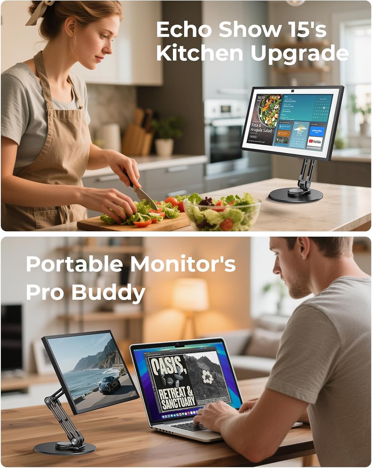 Adjustable VESA Mount Stand for Echo Show 15 (1st & 2nd Gen), Portable Monitor Stand with 360° Rotation, Tilt & Height Adjustment, Landscape/Portrait Mode Switching (Black)
