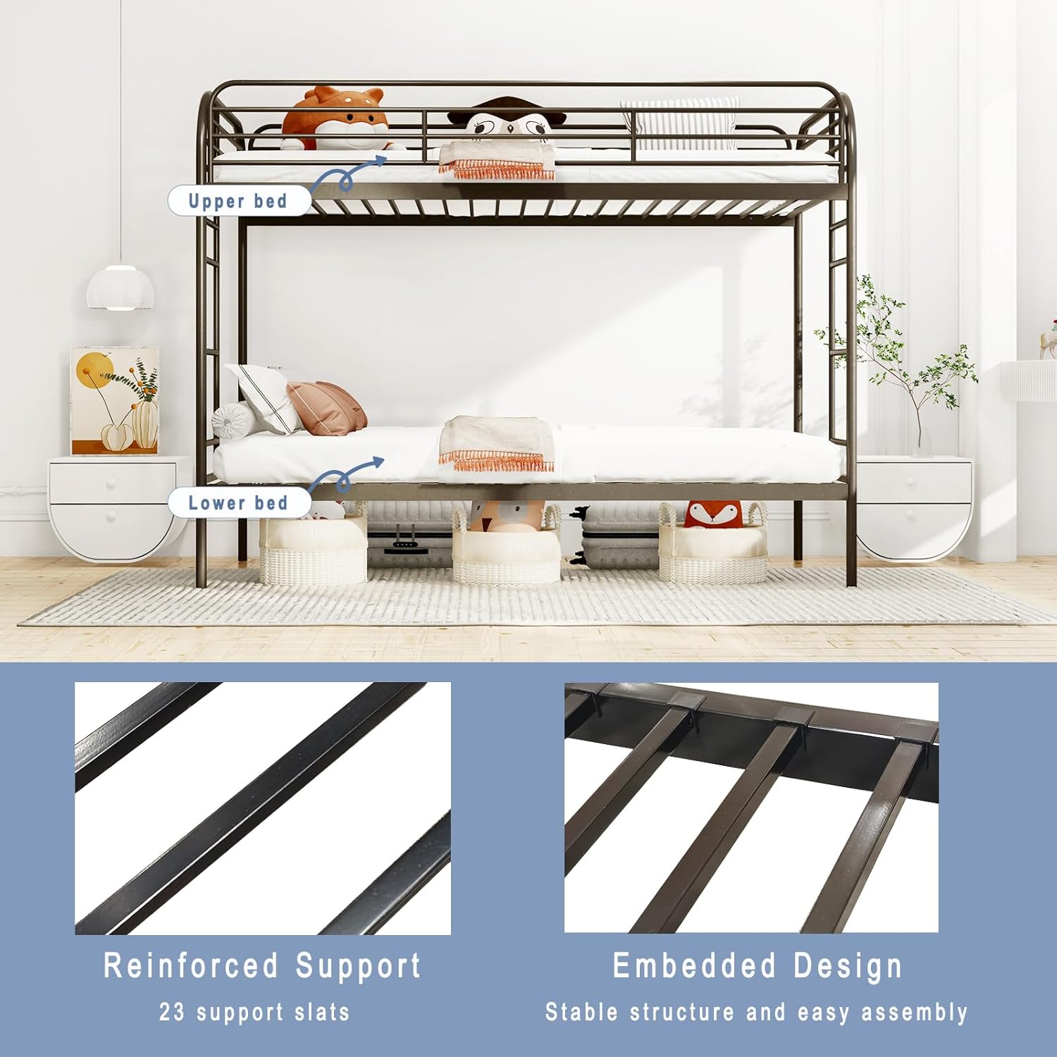 Colorful Double Bed Frame, Modern Style Twin Size Bunk Bed with Safe Guardrail, Each 400lbs Load-Bearing, Space-Saving Design for Adults, Kids and Teens, Easy-to-Install - Blue