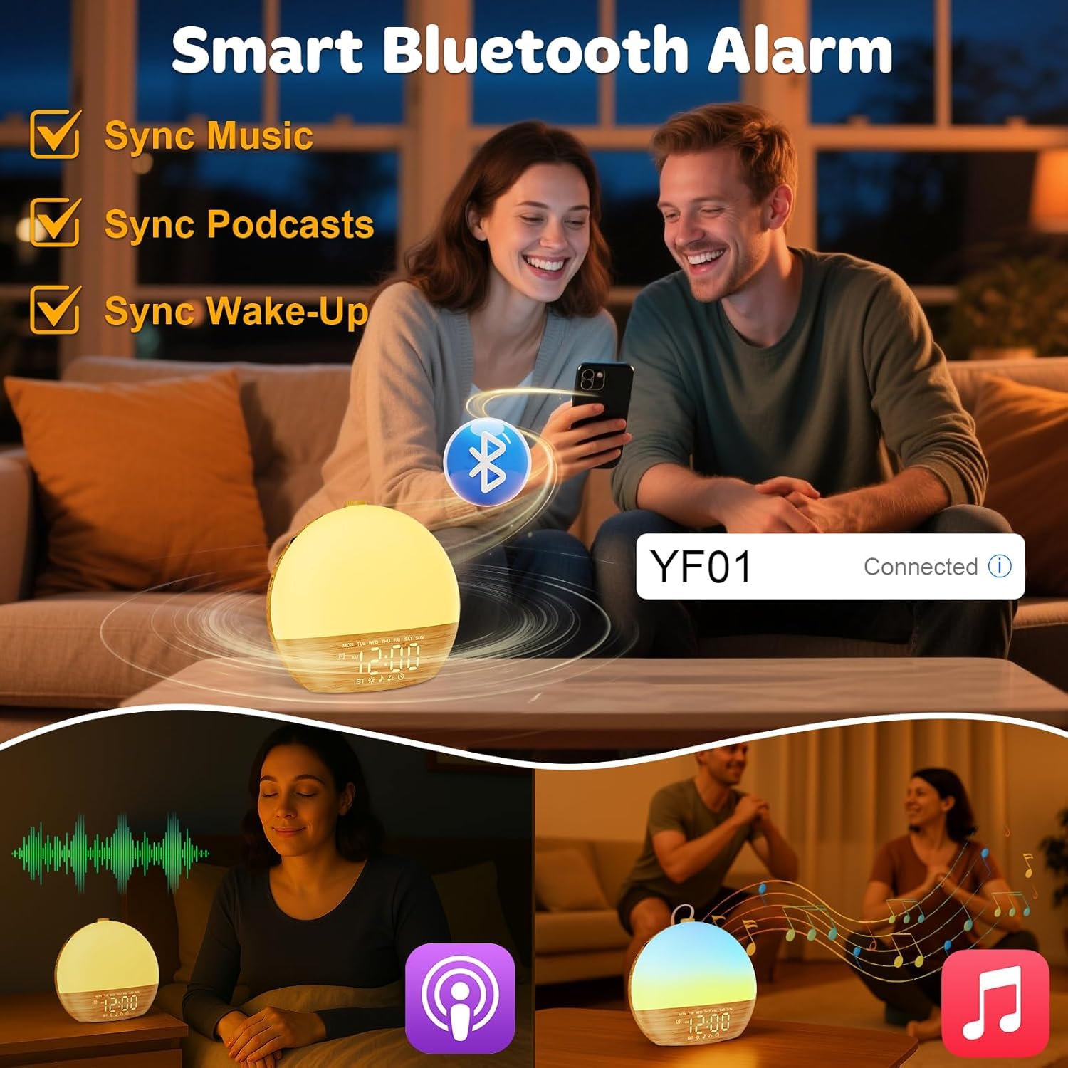 Reloj despertador Sunrise con máquina de sonido, luz de despertador, Bluetooth, doble reloj despertador digital para dormitorios, brillo ajustable, 30 sonidos de sueño (AA)
