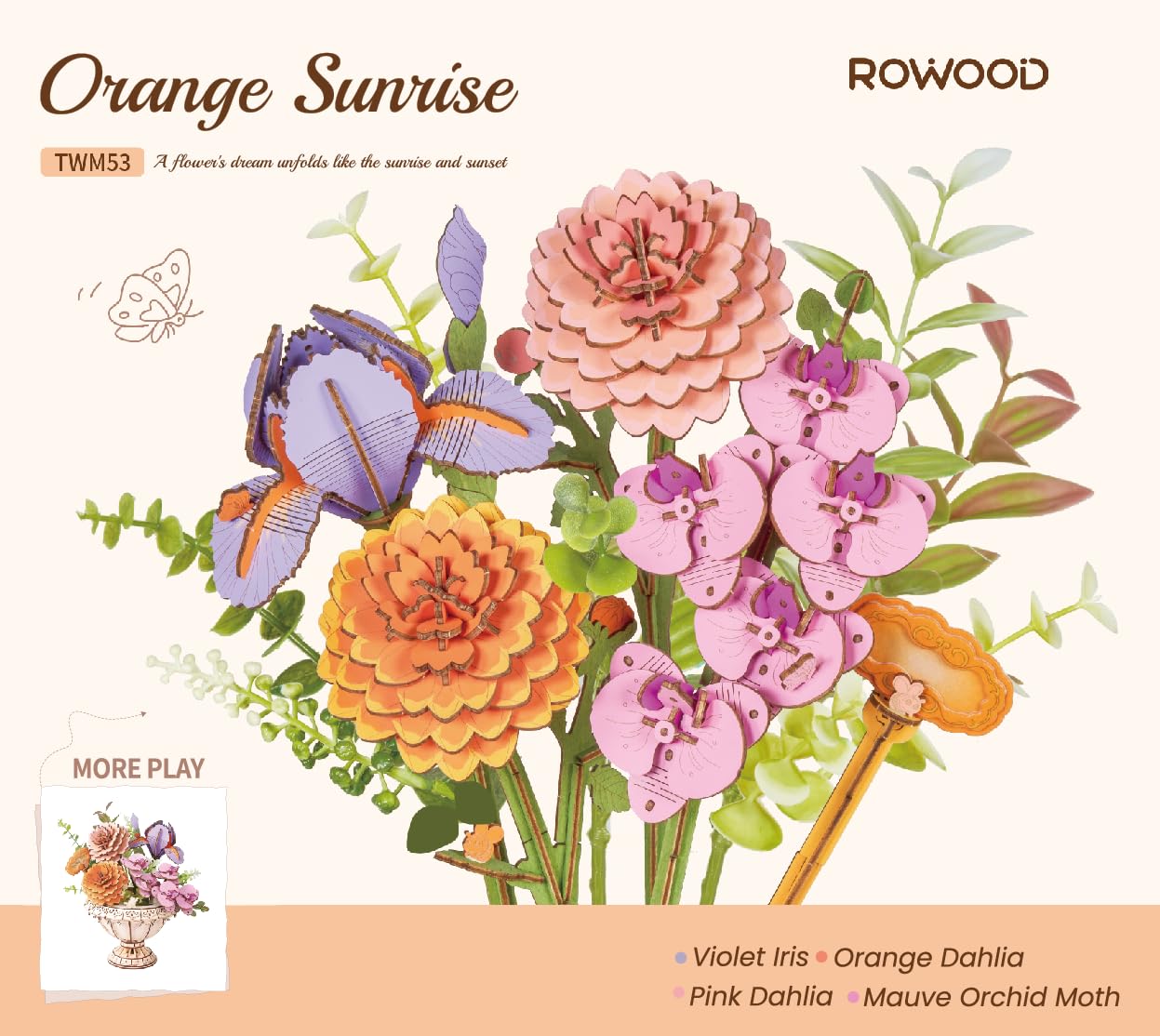 Rowood 3D Puzzle Wooden Flowers (Orange Sunrise)
