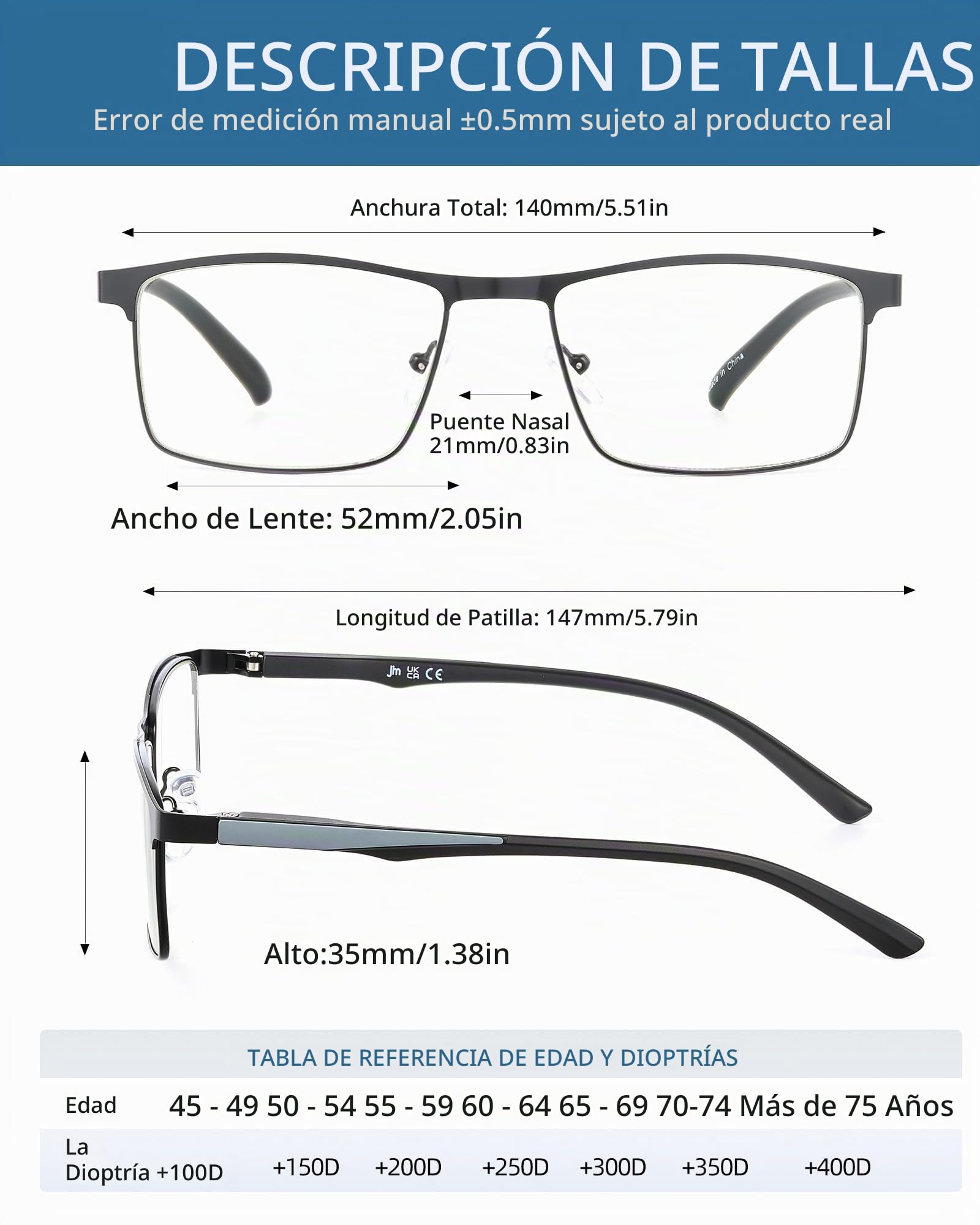 JM 5 Pack Metal Gafas de Lectura Hombre Metal Rectangulares Gafas Luz Azul | Metal Acero Inoxidable Bisagra de Primavera, Lentes Resistentes A Los Arañazos, Visión Nítida, Aumento Preciso.