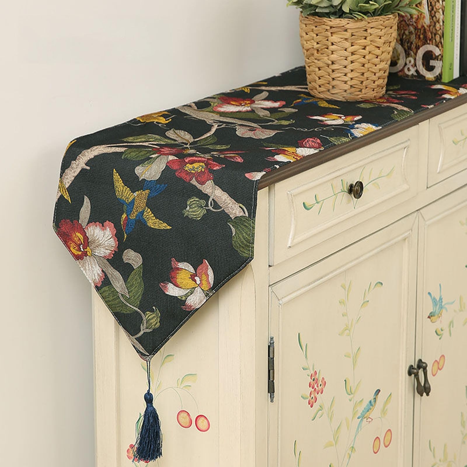 Runner da Tavolo Poliestere 30x240 cm, Runner da Tavola Moderno Lavabile Motivo Rami D'Albero Fiori e Uccelli con Nappe Decorazioni per Tavolino da Compleanni Matrimoni, Nero