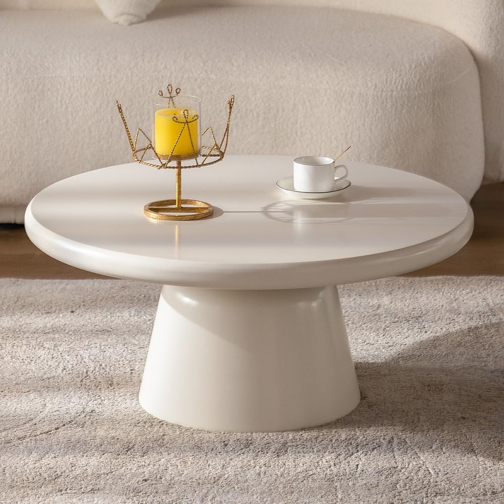 White Round Coffee Table for Living Room, Modern Cream Round Coffee Table Circular Circle Pedestal Coffee Tables Unique Center Table for Farmhouse