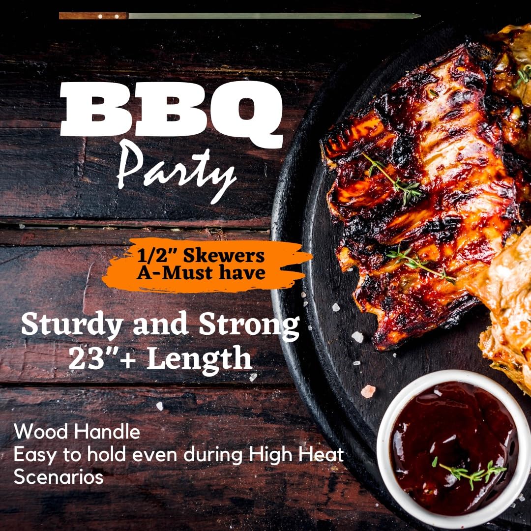 Brochetas planas para barbacoa de media pulgada para barbacoa al aire libre, acero inoxidable con mango de madera maciza para asar estilo brasileño, kebob koubideh, kebab turco persa de ½ pulgada de