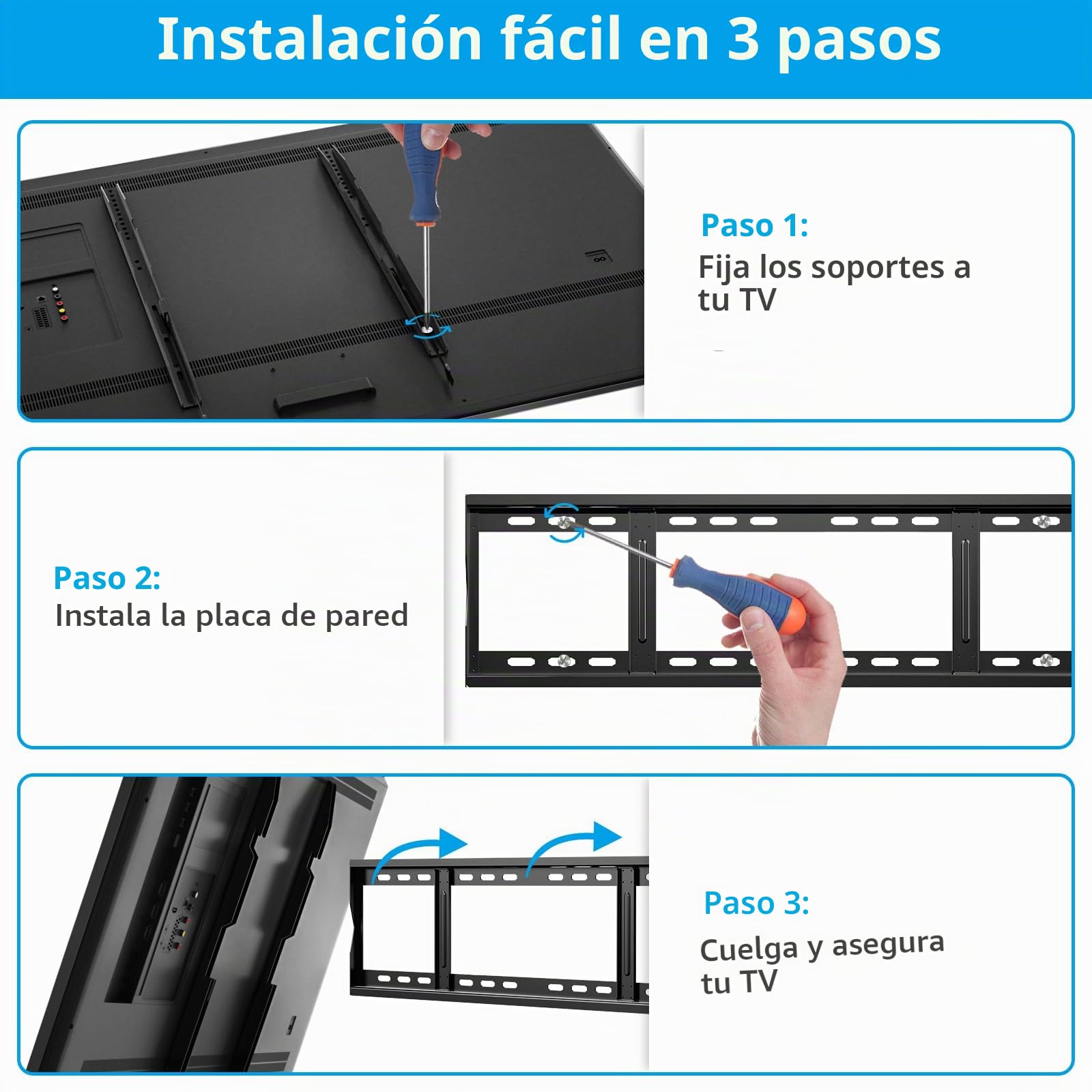 HOME VISION Soporte de pared fijo resistente para TV con capacidad para hasta 120 kg, para la mayoría de televisores curvos planos de 48 a 120 pulgadas, soporte de montaje en pared, pernos de 16, 18 y