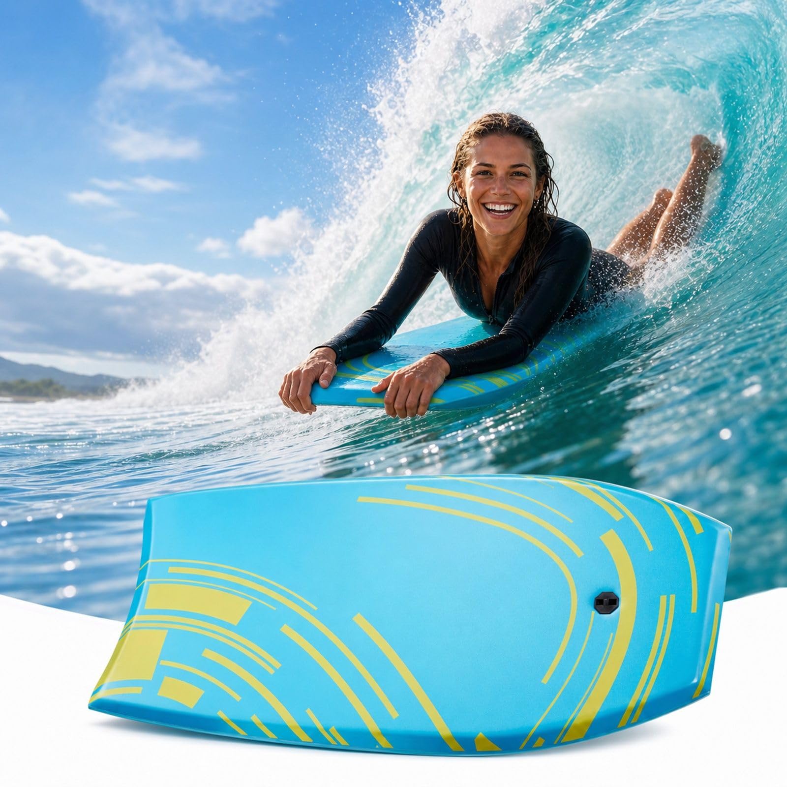 Planche de Bodyboard Bleue avec Noyau en Mousse EPS et Leash de Poignet, Planche de Boogie pour Plage, mer et Sports Nautiques