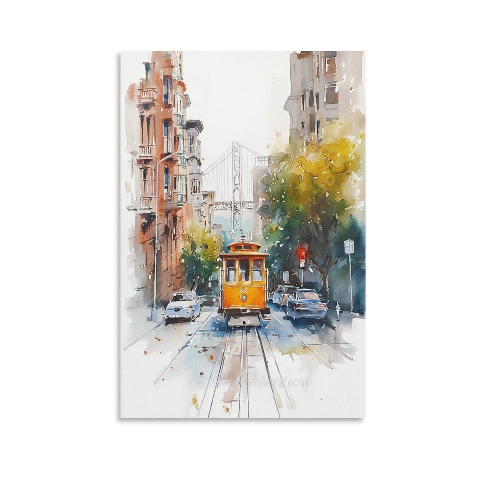 XWYMXZ Golden Gate Bridge Watercolor Painting San Francisco Posters Tree 20x30inch(50x75cm) Vintage Watercolor Canvas Art
