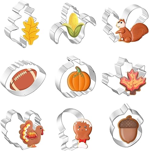 Miniatura 1 de Juego de 9 cortadores de galletas de Acción de Gracias, calabaza, fútbol, pavo, hoja de arce, hoja de roble, ardilla, maíz dulce y bellota, acero